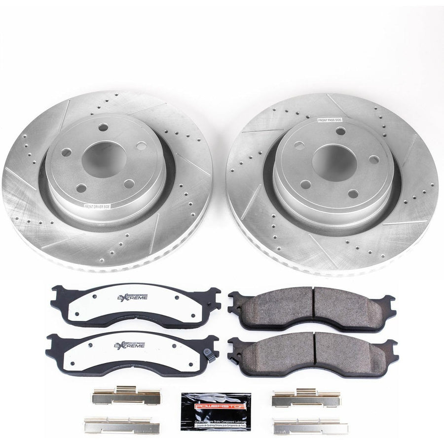 Front Brake Kit Power Stop For 2004 Dodge Ram 1500 - Truck & Tow Carbon Fiber Ceramic Brake Pads & Drilled and Slotted Rotors Replacement, K4584-36