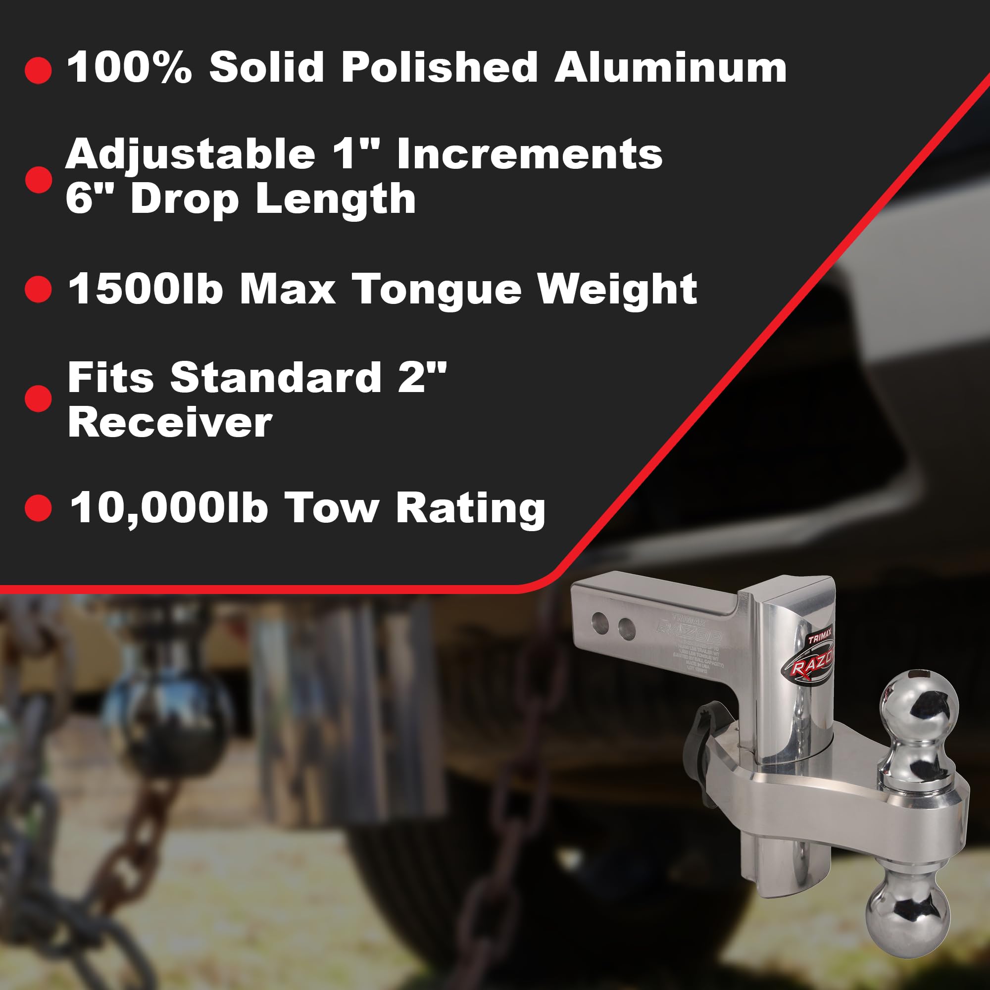 TRIMAX Razor XTR 6" Adjustable Drop Hitch TRZ6AL – Truck, Trailer, Camper, Boat, Polished Aluminum, 2" Receiver, Locking Dual Ball Mount (2" & 2-5/16"), 10,000 lbs GTW, Rise/Drop Design