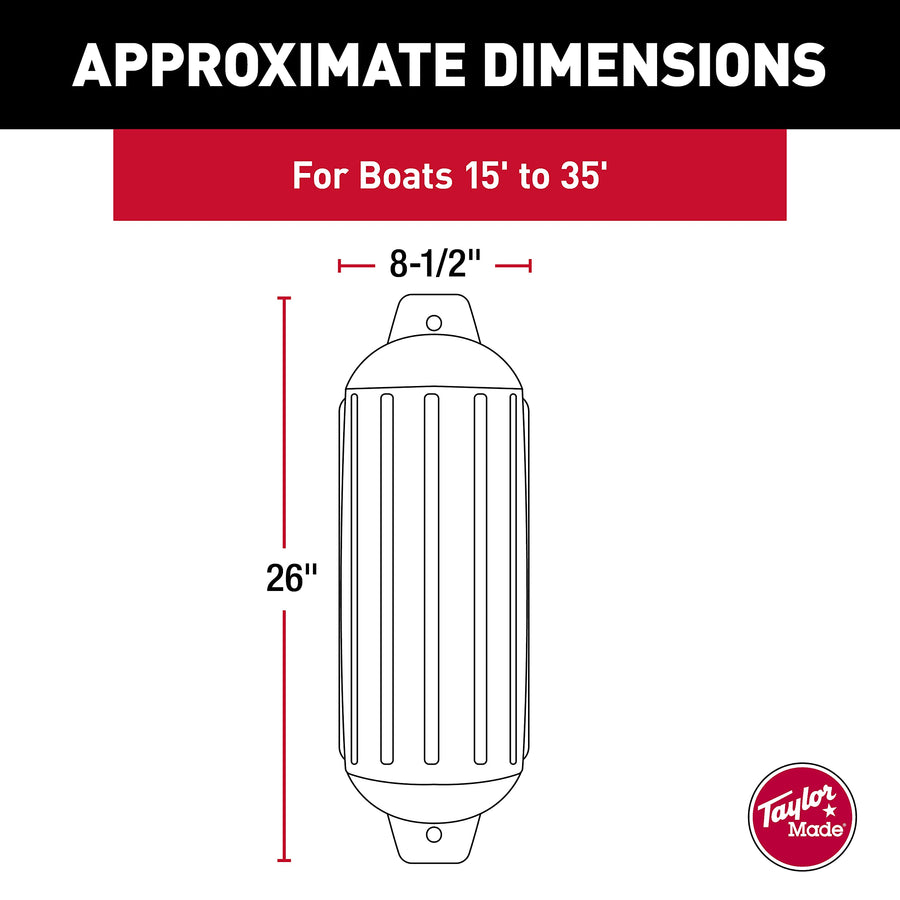 Taylor Made Boat Fender Super Gard, Black Onyx (8.5" x 26") Double-Molded Ends, Ribbed Technology to Minimize Roll, Rubber Football Needle Inflation Valve, Marine-Grade Vinyl, 5/8" Eyelets - 952824