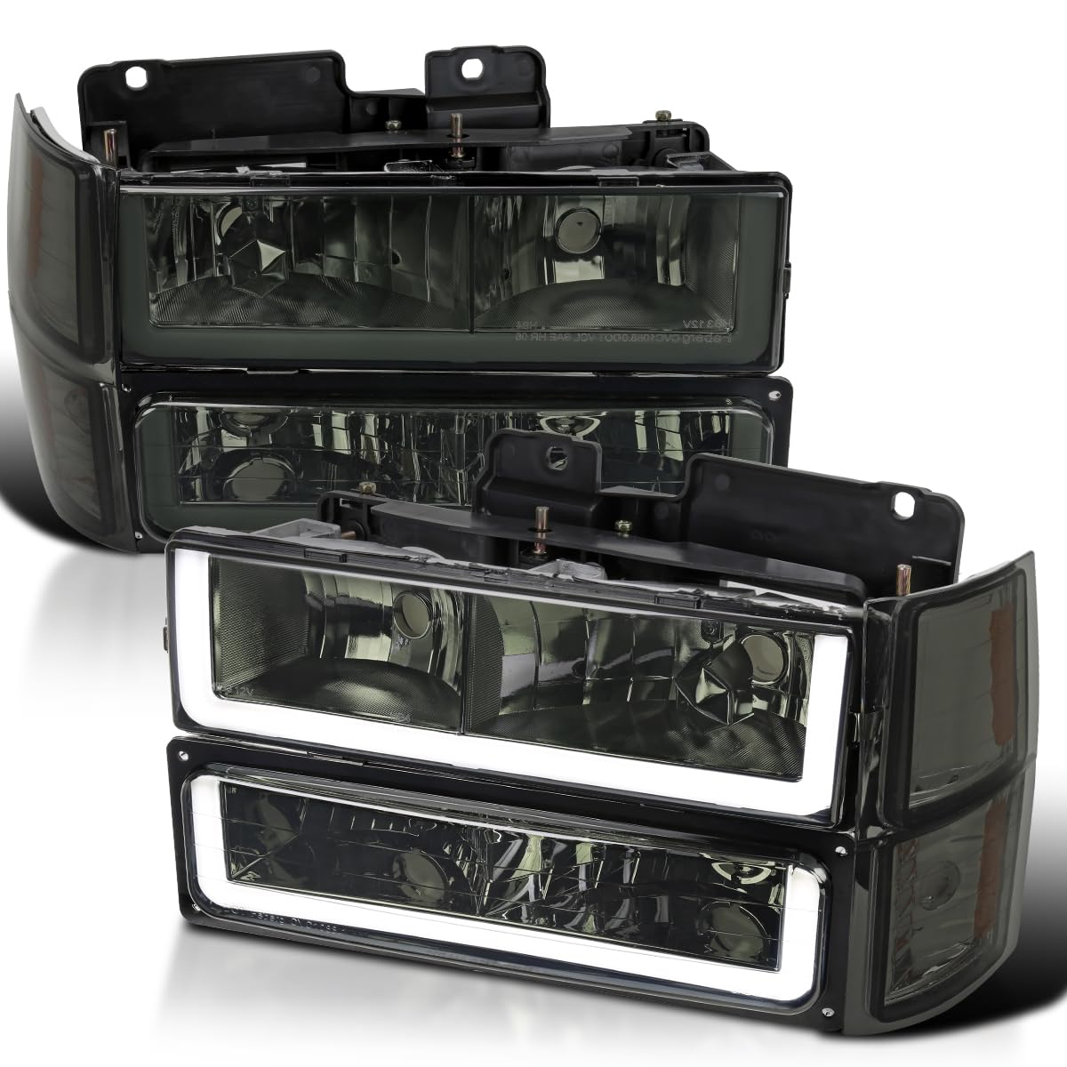 Chrome Housing Spec-D Tuning Smoke Lens Headlights Bumper Lamps w/LED Tube Compatible with 1994-1998 Chevy C10 C/K 1500/2500/3500 Left + Right Pair Headlamps Assembly