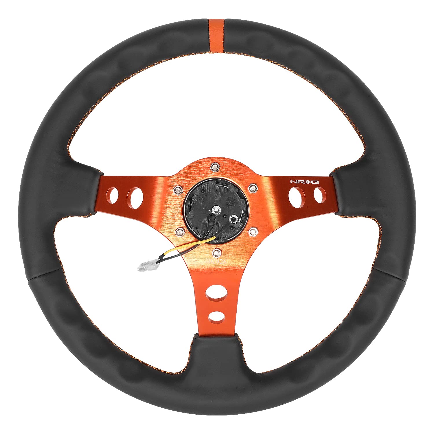 NRG Innovations Reinforced NRG-RST-006OR Steering Wheel 350MM Sport Steering Wheel, Black Leather Orange Center Mark with Orange Stitching and Orange Center Spoke