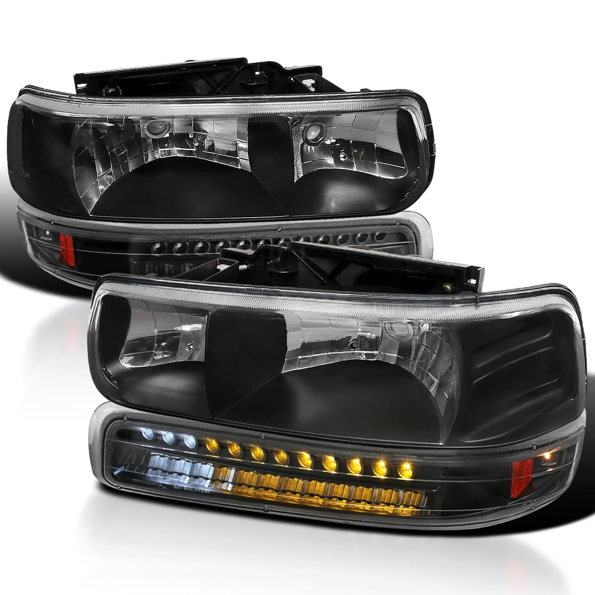 Black Headlights + LED Bumper Lights SPEC-D TUNING Compatible with 1999-2002 Chevy Silverado 2000-2006 Tahoe Suburban, Left + Right Pair Headlamps Assembly