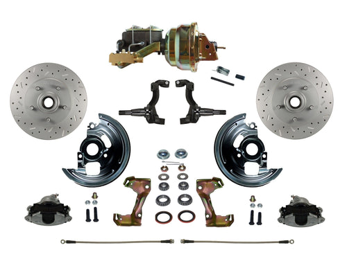Power Front Disc Brake Conversion Kit LEED BRAKES Cross Drilled And Slotted Rotors With 8" Dual Zinc Booster Cast Iron M/C Disc/Drum Side Mount