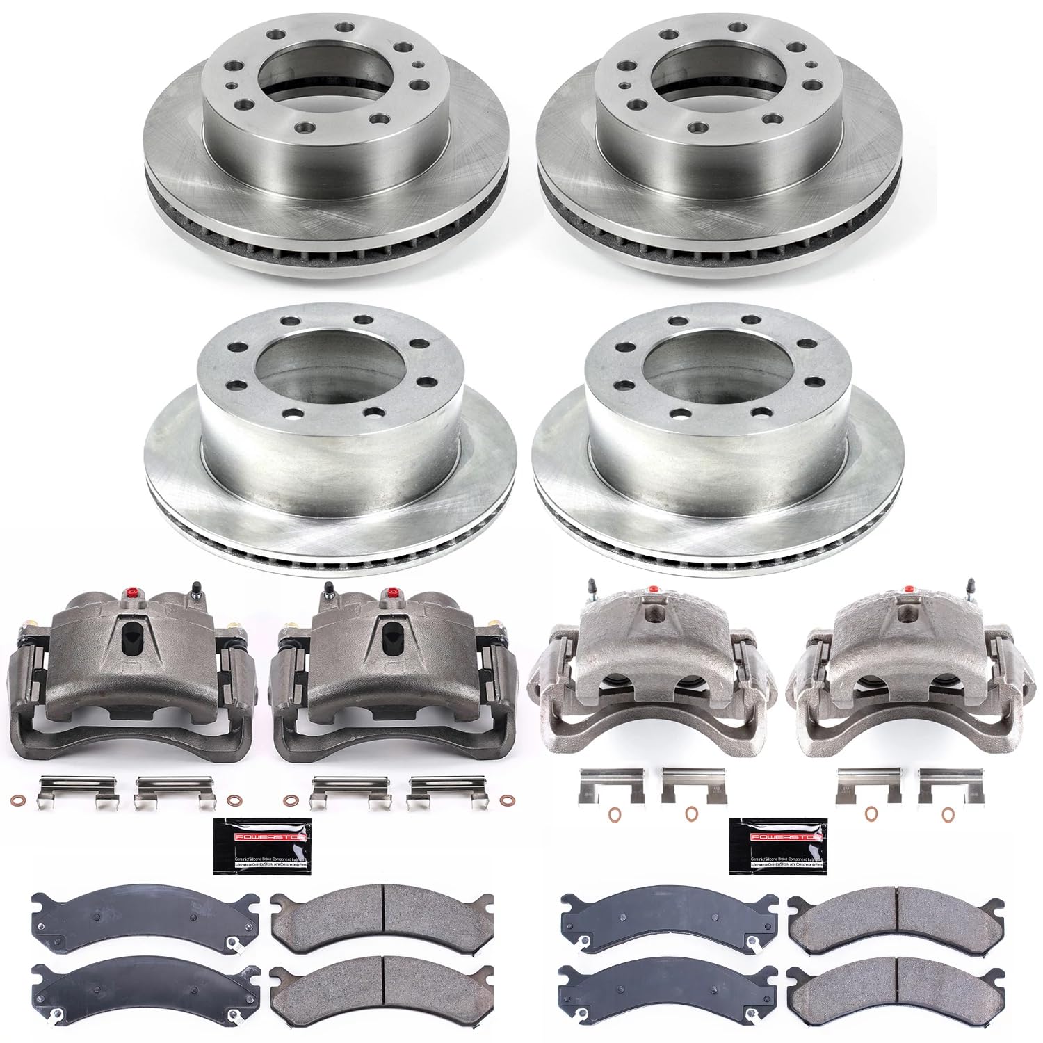 Power Stop KCOE5338 Front and Rear Brake Kit-Drilled/Slotted Rotors, Ceramic Brake Pads & Calipers Stock Replacement