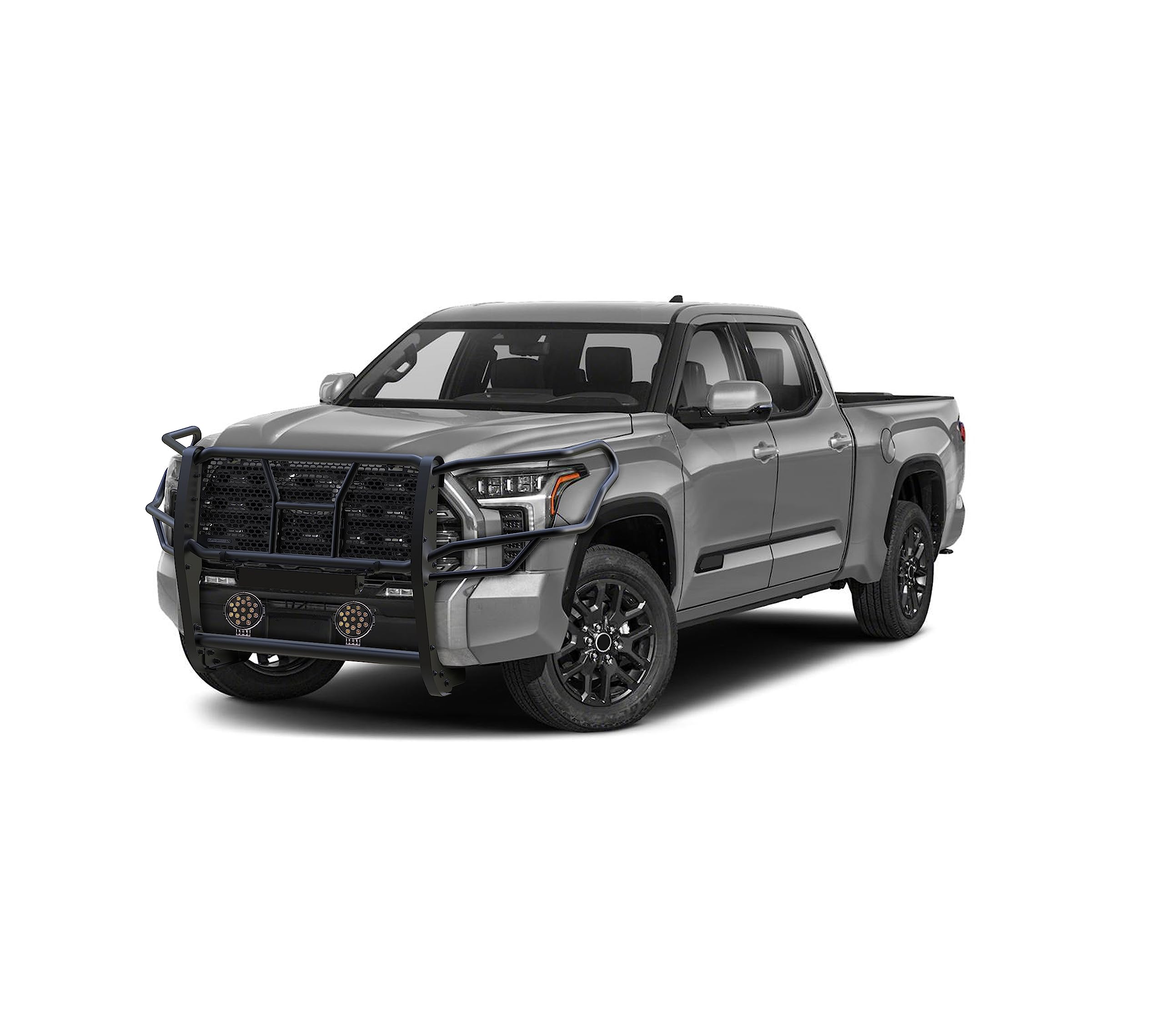 Heavy Duty Black Horse RUGGED Grille Brush Bumper Guard Modular Come With pair of 7.0"Dia.LED Lights with Black Trim Rings Compatible with 2022-2024 Toyota Tundra-RU-TOTU22-B-PLB