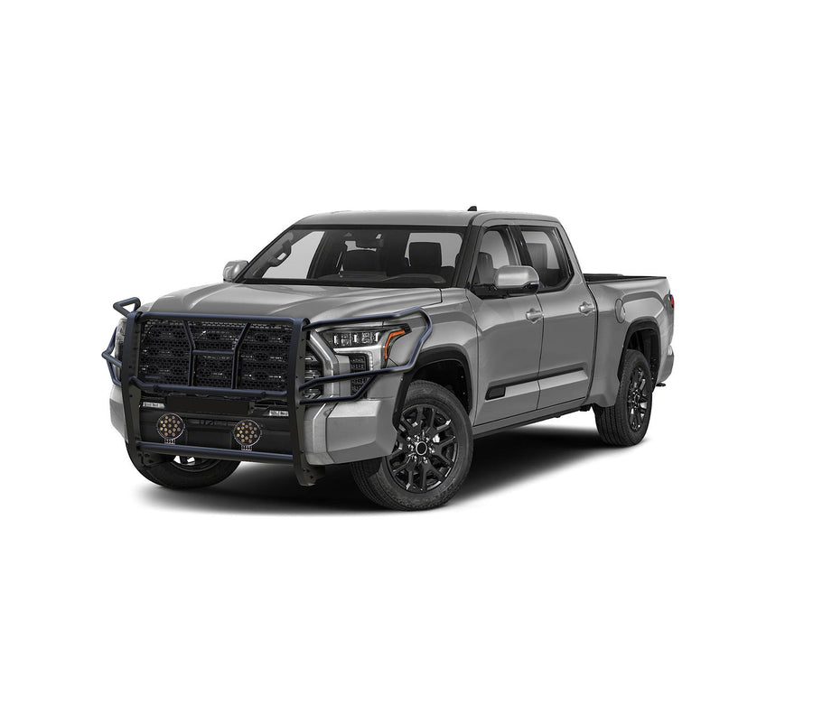 Heavy Duty Black Horse RUGGED Grille Brush Bumper Guard Modular Come With pair of 7.0"Dia.LED Lights with Black Trim Rings Compatible with 2022-2024 Toyota Tundra-RU-TOTU22-B-PLB