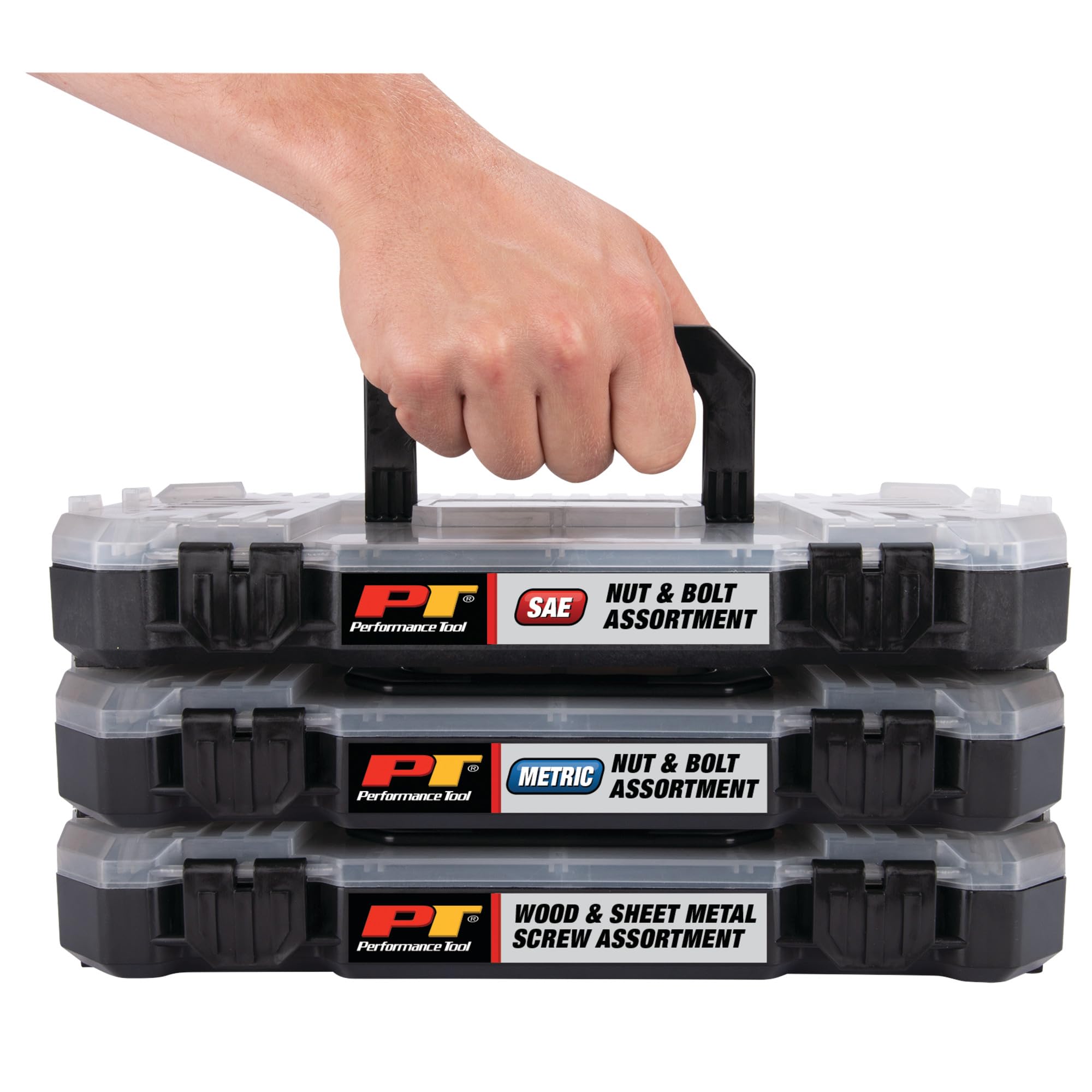 W5263 Performance Tool 1080pc Hardware Assortment Kit with SEA & Metric Nuts, Bolts & Washers, Stacking Interlocking Clear Lid Bins for Maximum Portability