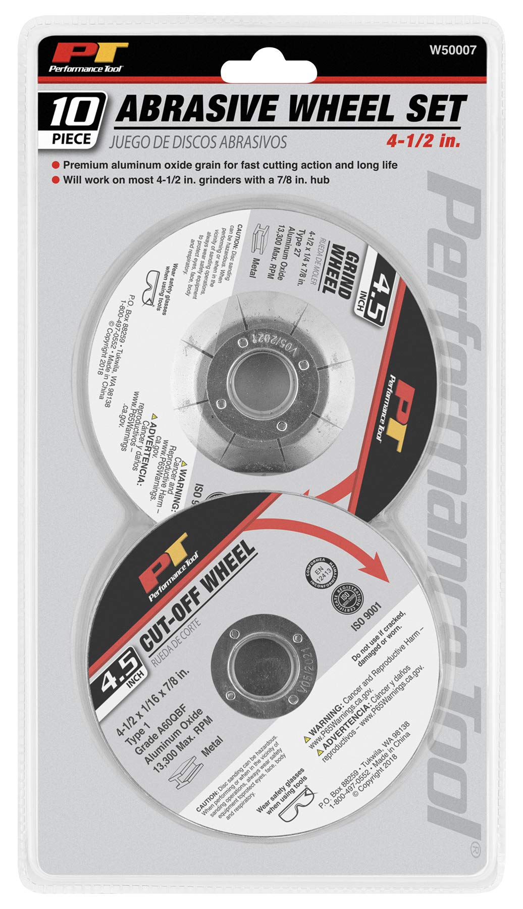 10pc Performance Tool W50007 4.5" Abrasive Wheel Set for Cutting and Grinding, Perfect for DIY and Professional Use - Durable and Long-Lasting
