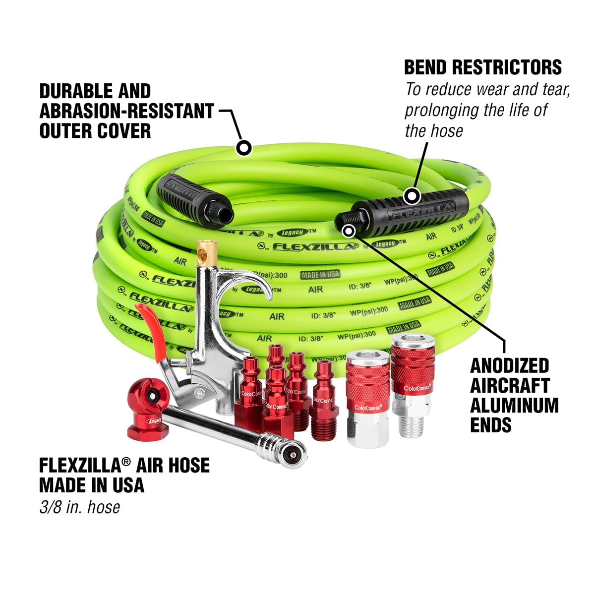 Flexzilla Legacy HFZCLB11D 3/8" x 50' Air Compressor Hose 11 pc Coupler Plug Blow Gun Kit