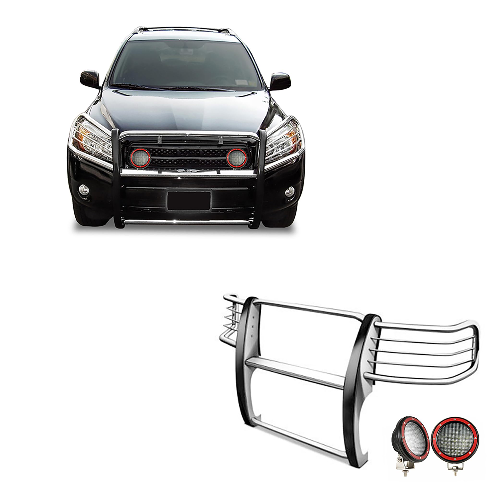 Bumper Guard Black Horse Grille brush Modular Stainless Steel Come With Pair of 5.3" Dia.LED Lights with Red Trim Rings Compatible with 2006-2018 Toyota RAV4-17A093902MSS-PLFR
