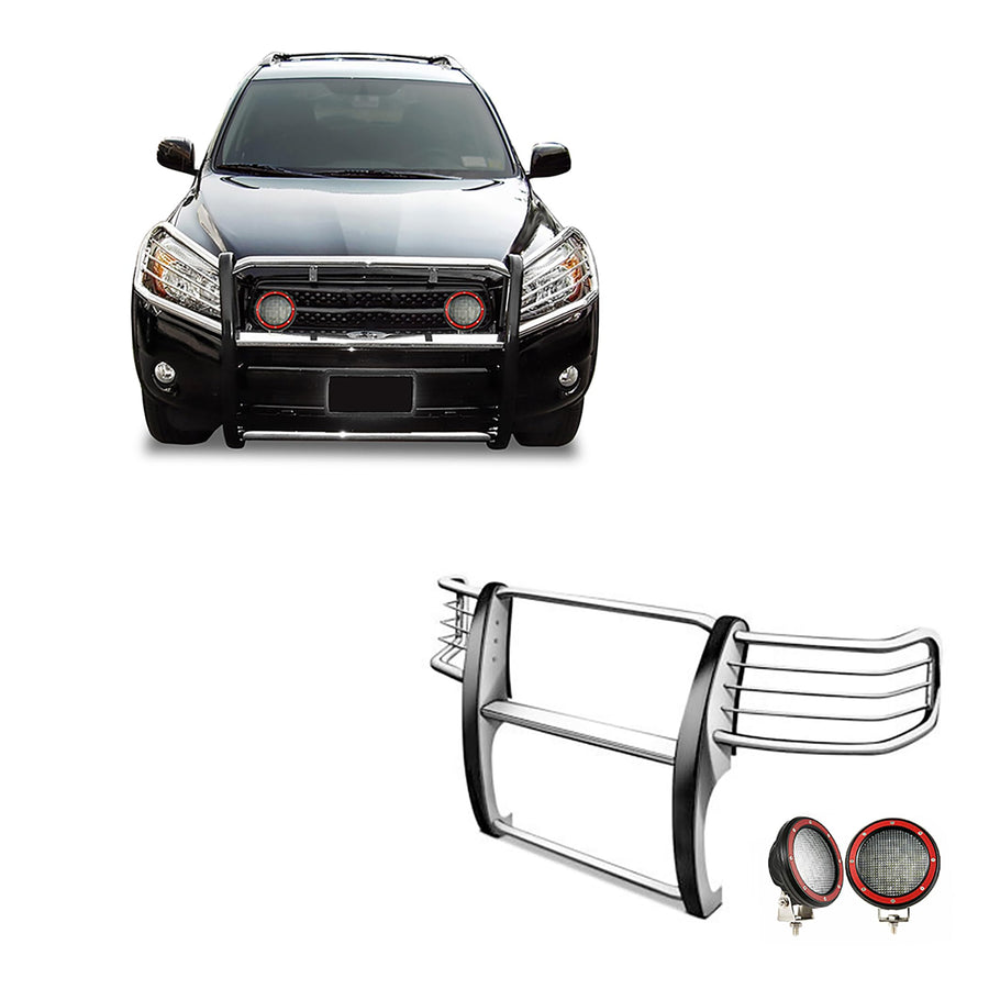 Bumper Guard Black Horse Grille brush Modular Stainless Steel Come With Pair of 5.3" Dia.LED Lights with Red Trim Rings Compatible with 2006-2018 Toyota RAV4-17A093902MSS-PLFR
