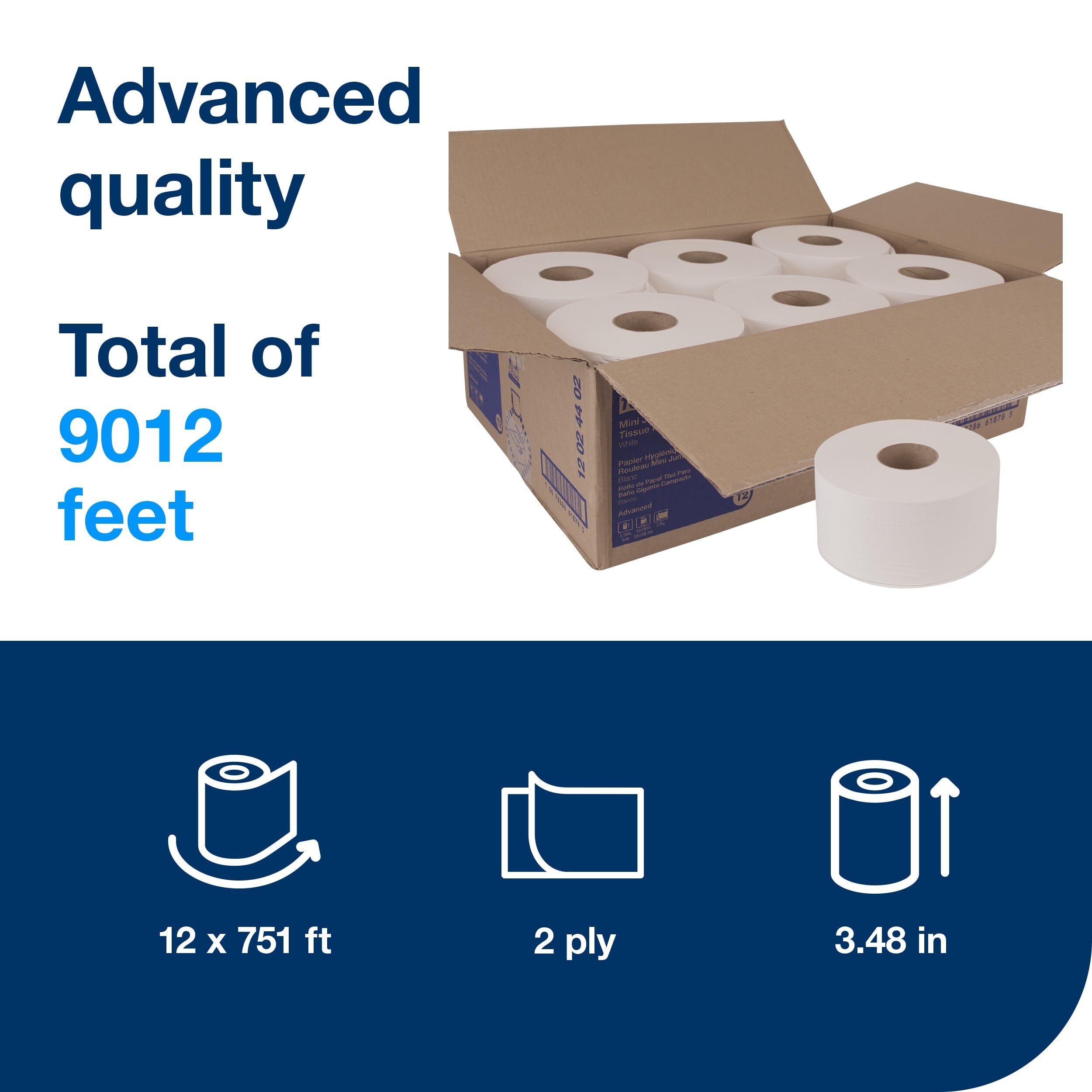 Tork Toilet Paper Roll Mini Jumbo White T2, Advanced, 2-Ply, 12 x 751', 12024402