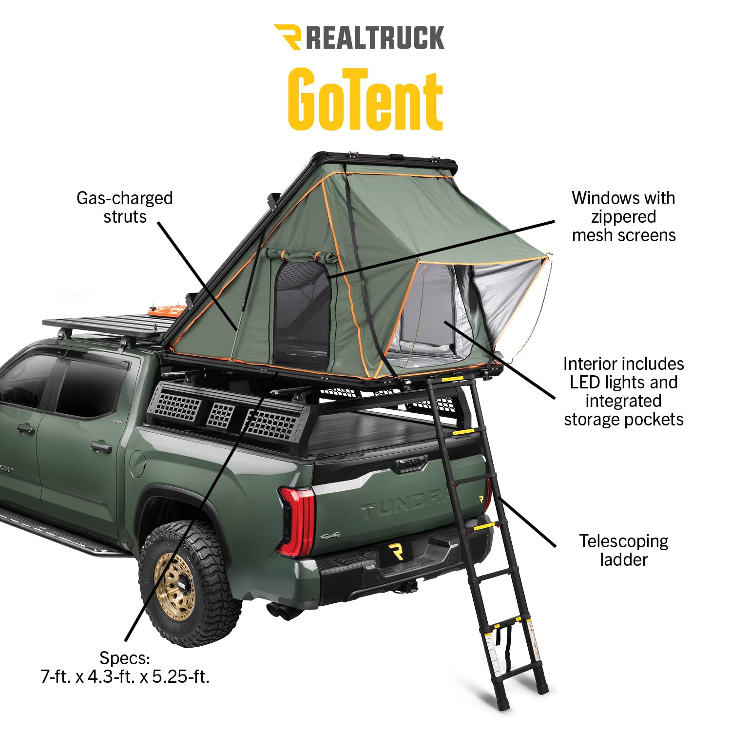 GoTent RealTruck | Overlanding, Waterproof, Telescoping Ladder, LED-Lit Interior, Mounts to Any Cross Bars | OL-104