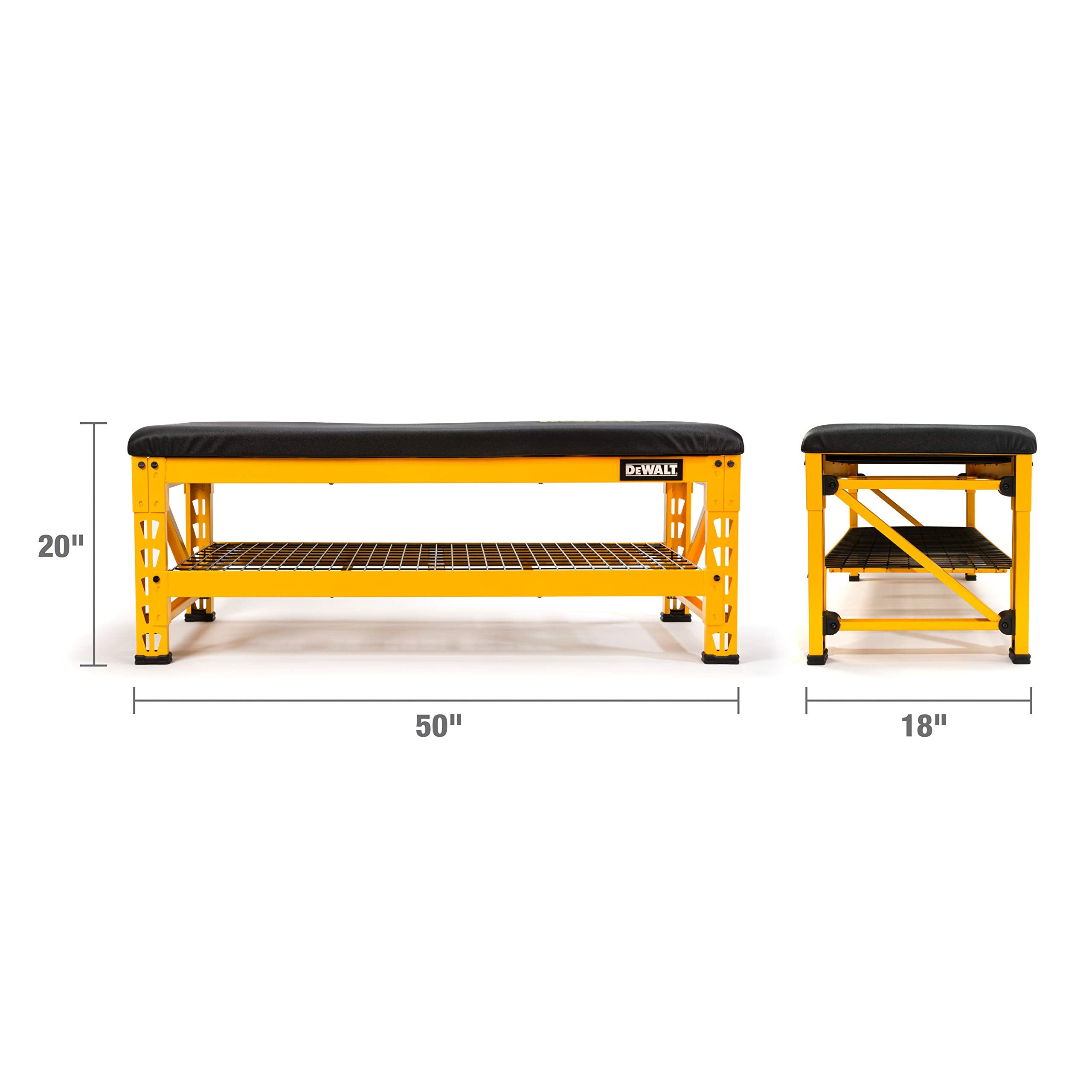 DEWALT Bench Garage with Wire Grid Storage Shelf, Rip-Resistant Foam-Padded Vinyl Seat, 1000-lb Capacity Bench Top, 1500-lb Capacity Shelf, Steel Frame