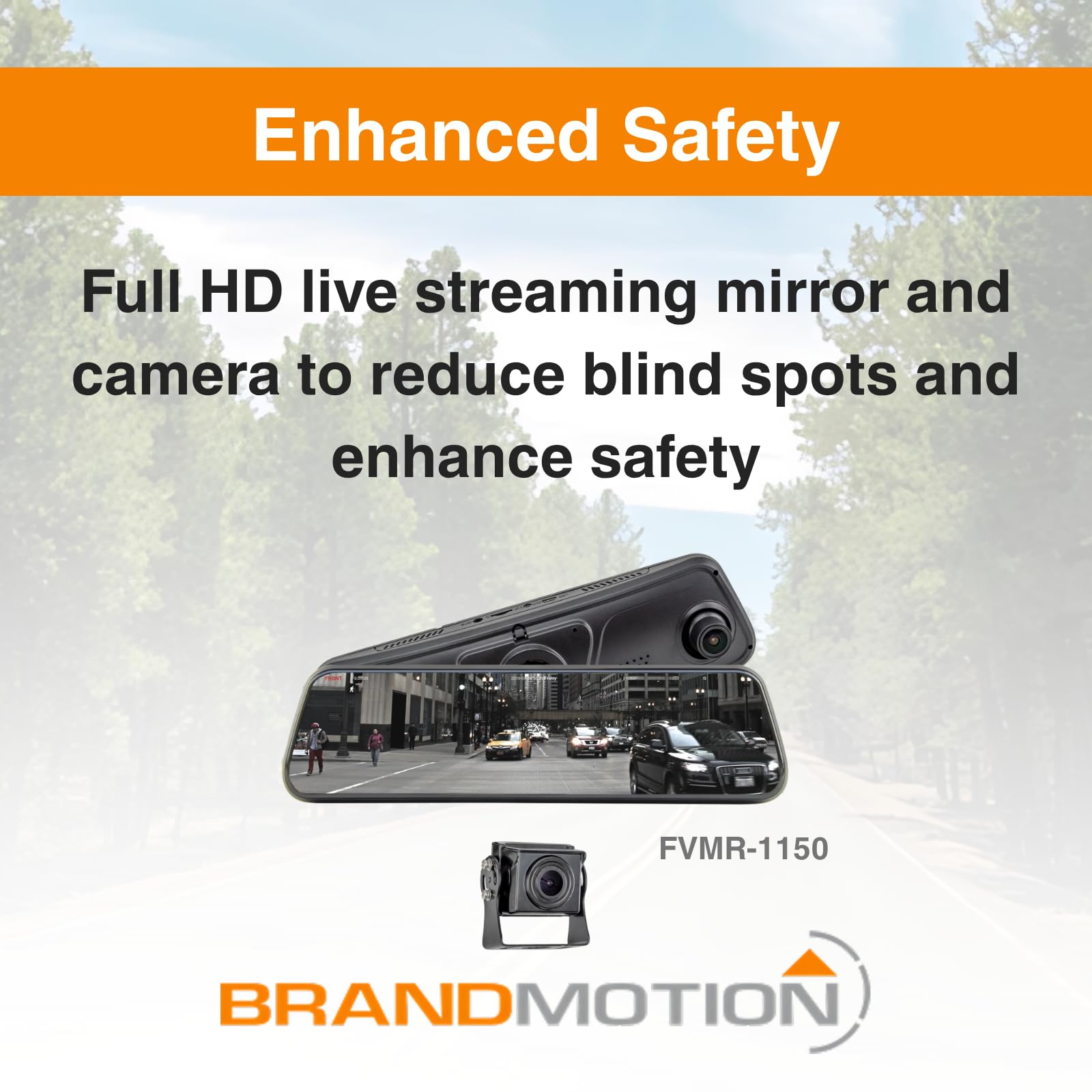 Heavy Duty Brandmotion FVMR-1150 FullVUE Mirror Vision Camera System | Full Touchscreen for Easy Adjustments | Anti-Glare Tempered Glass Screen | Automatic Brightness Adjustment | G-Shock Sensor