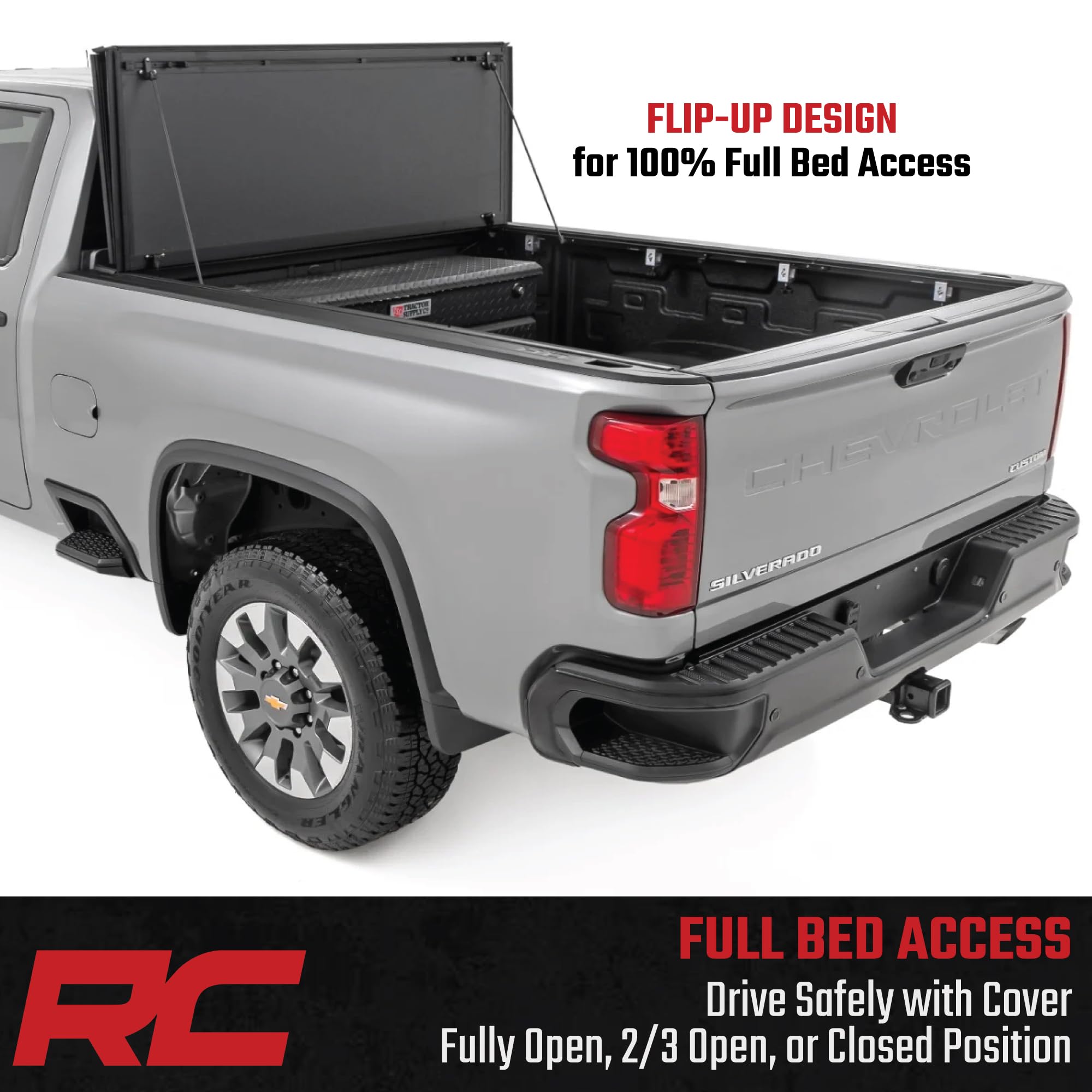 Rough Country Truck Bed Hard Flip-Up Tonneau Cover for Chevy Silverado & GMC Sierra 2500HD/3500HD (2020-2025) - Aluminum Tri-Fold Bed Cover, Fits 6'9 (82.2") Bed