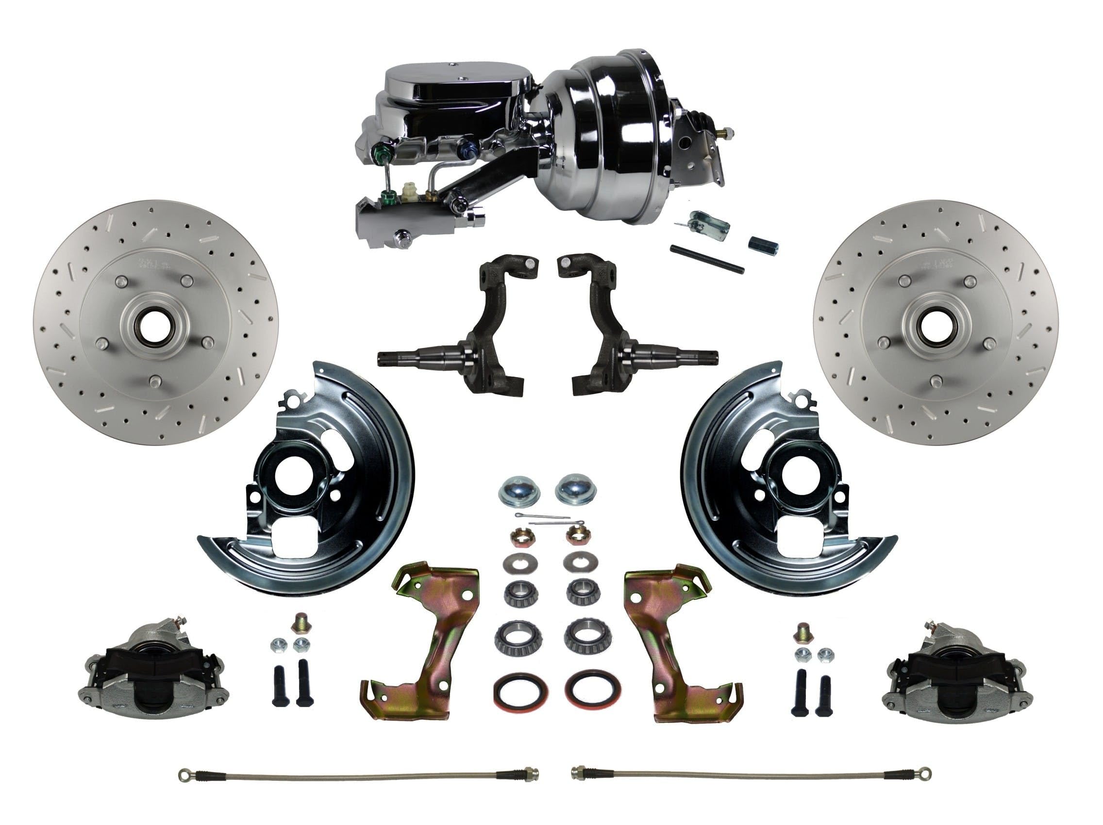Power Front Disc Brake Conversion Kit LEED BRAKES Cross Drilled And Slotted Rotors With 8" Dual Chrome Booster Flat Top Chrome M/C Disc/Disc Side Mount