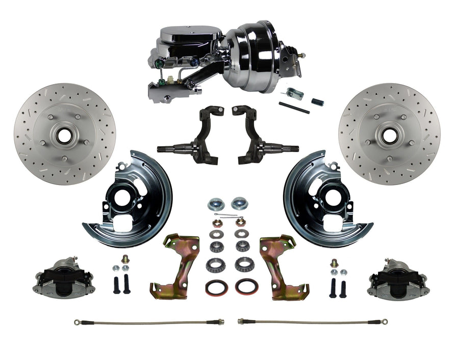 Power Front Disc Brake Conversion Kit LEED BRAKES Cross Drilled And Slotted Rotors With 8" Dual Chrome Booster Flat Top Chrome M/C Disc/Disc Side Mount