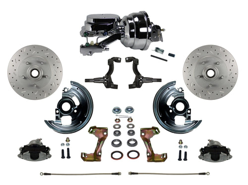 Power Front Disc Brake Conversion Kit LEED BRAKES Cross Drilled And Slotted Rotors With 8" Dual Chrome Booster Flat Top Chrome M/C Disc/Disc Side Mount