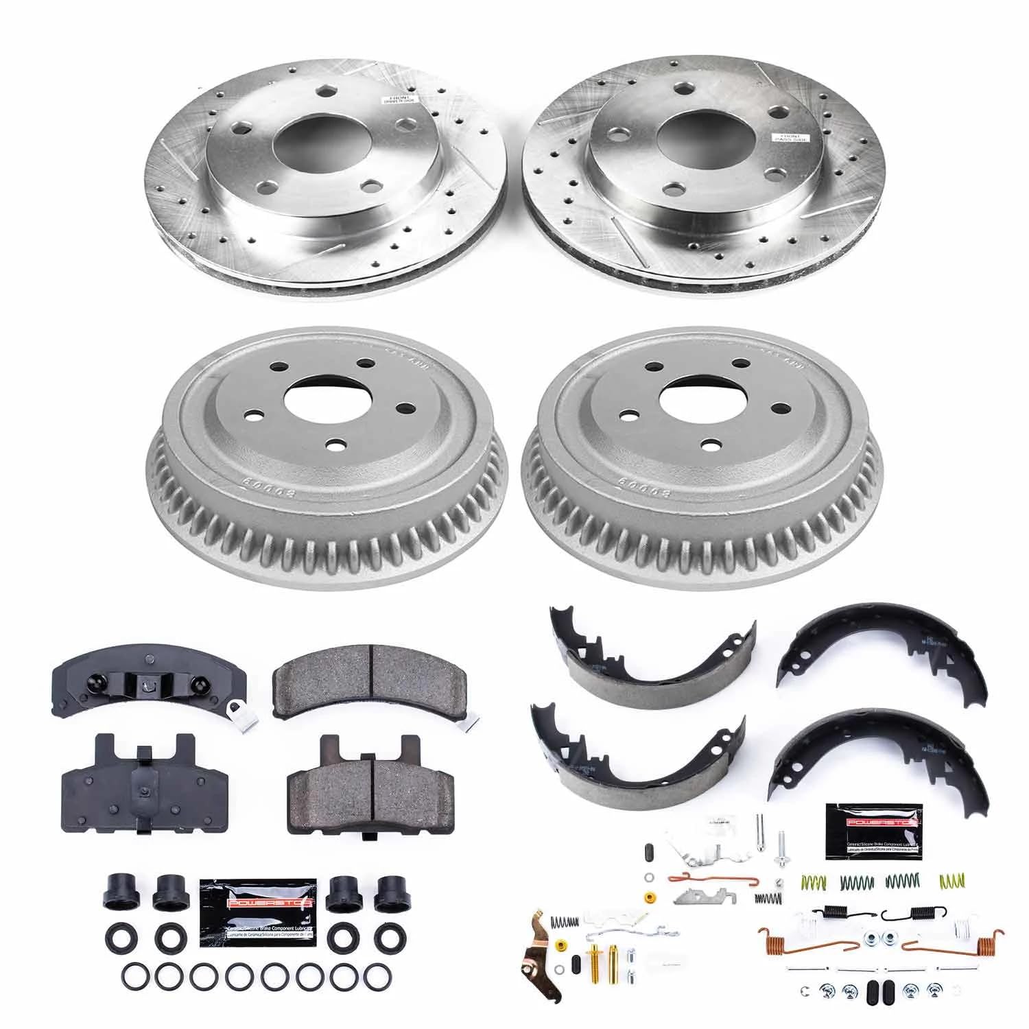 Power Stop K15033DK Z23 Carbon Fiber Brake Pads Front and Rear with Drilled & Slotted Brake Drums Kit For Dodge Ram 1500 1994-1999 [Model Specific]