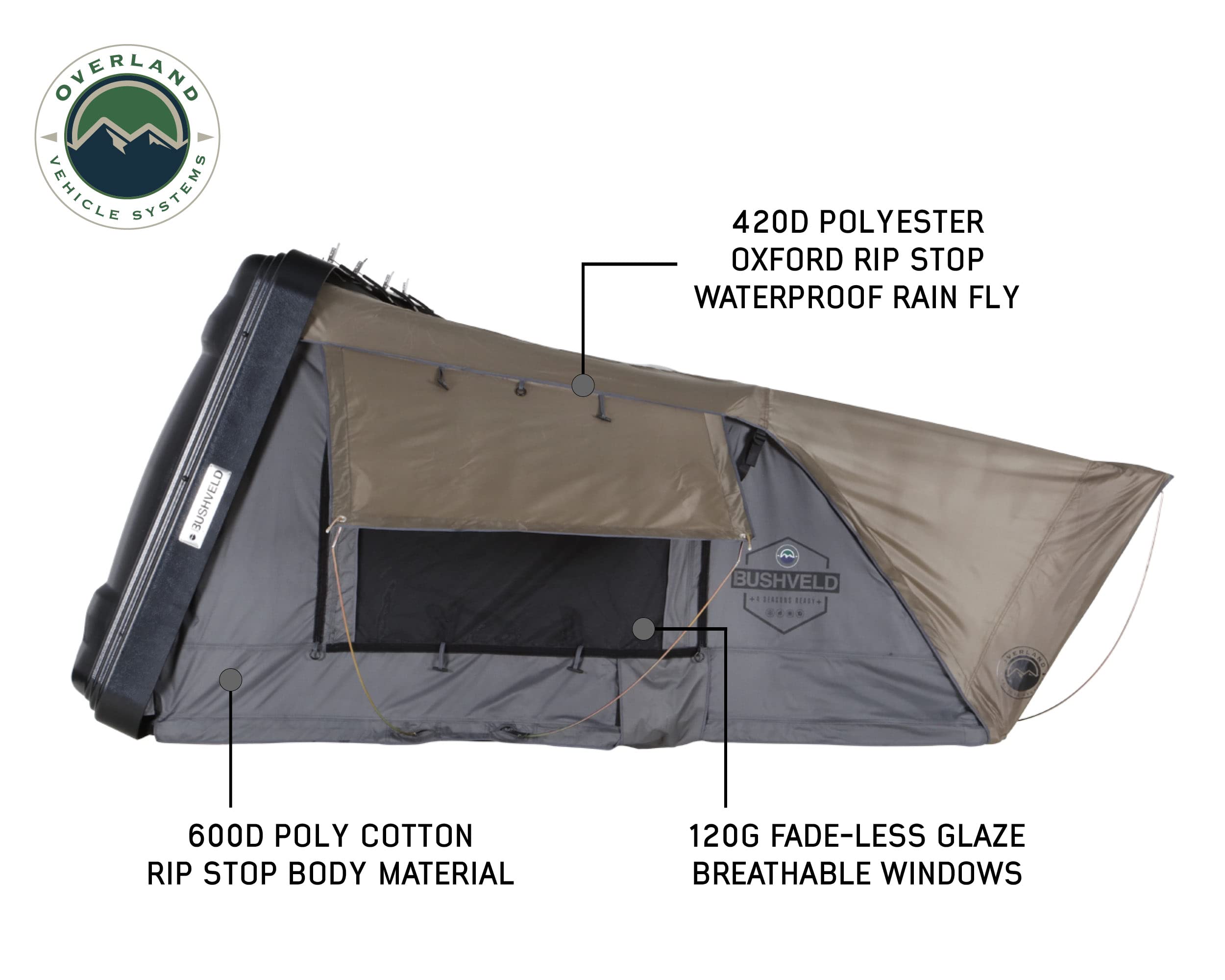 Overland Vehicle Systems Hard Shell Bushveld Clam Shell Roof Top Tent with Aluminum Base Dark Grey Body and Green Rainfly - 4 Person Tent - Four Seasons Ready