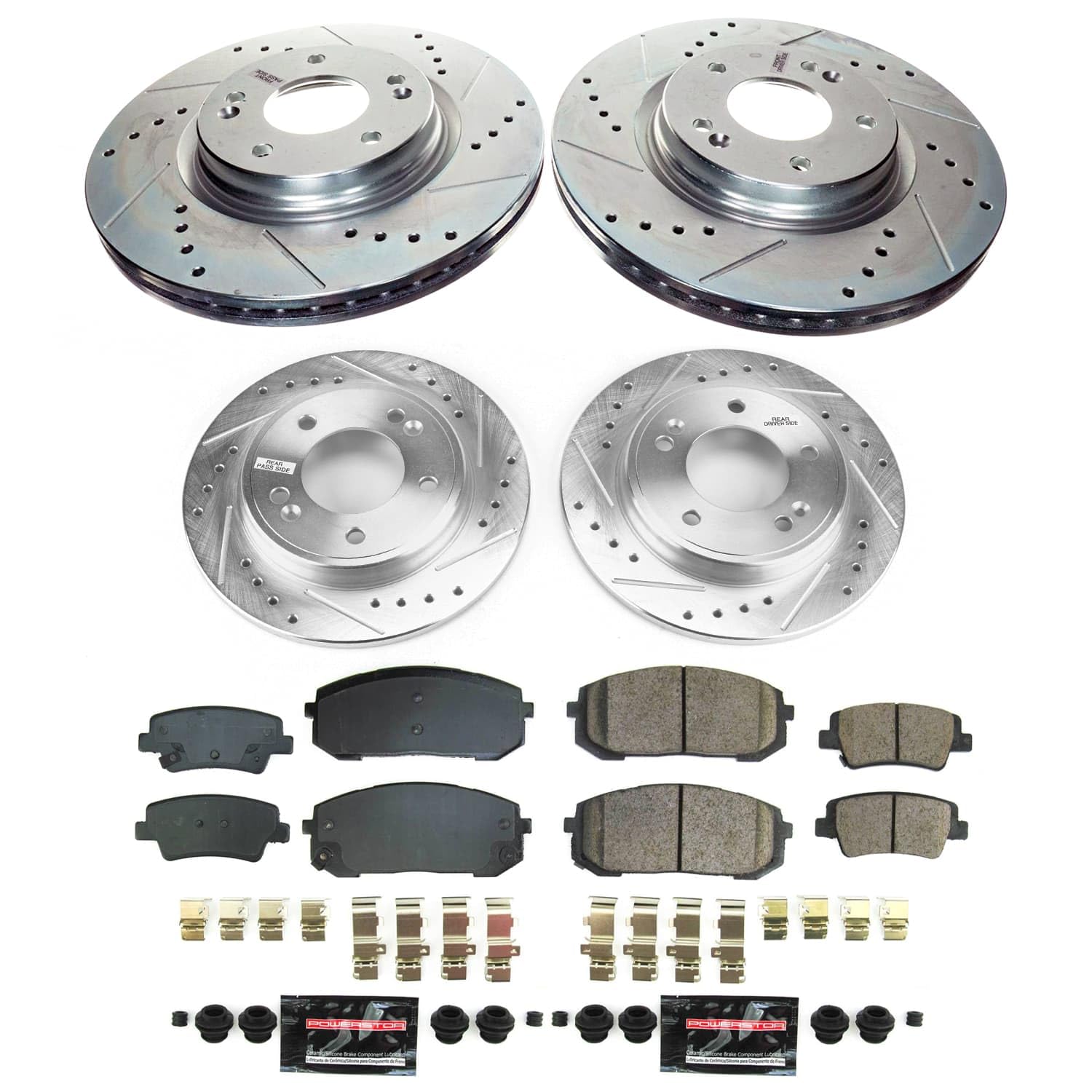 Power Stop K9170 Z23 Carbon-Fiber Ceramic Brake Pads and Drilled and Slotted Rotors Brake Kit Front and Rear For Hyundai Elantra 2021-2023 [Application Specific]