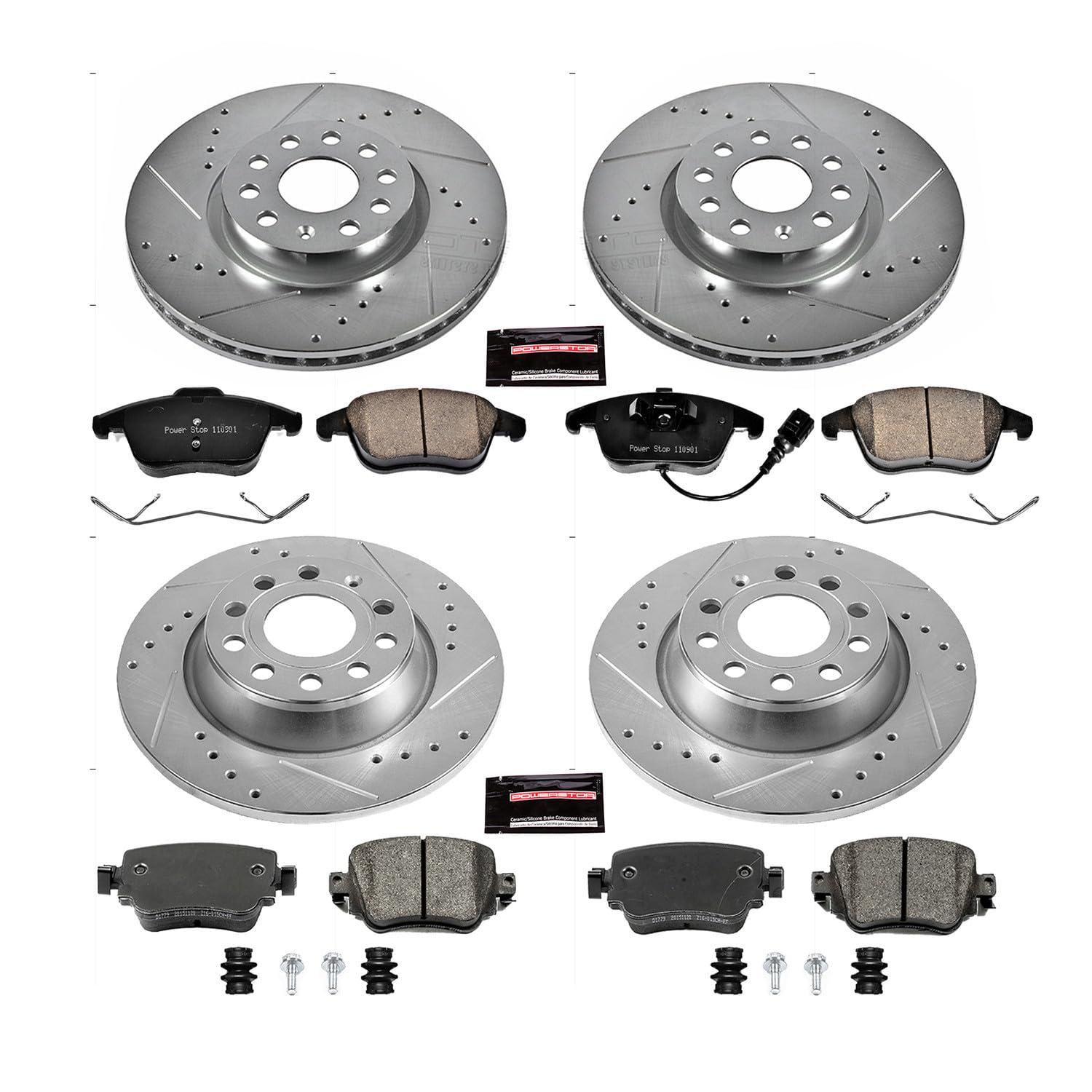 Power Stop K7537 Z23 Carbon Fiber Brake Pads Front and Rear with Drilled & Slotted Brake Rotors Kit For Audi Q3 2016-2018, Audi Q3 Quattro 2016-2018 [Model Specific]