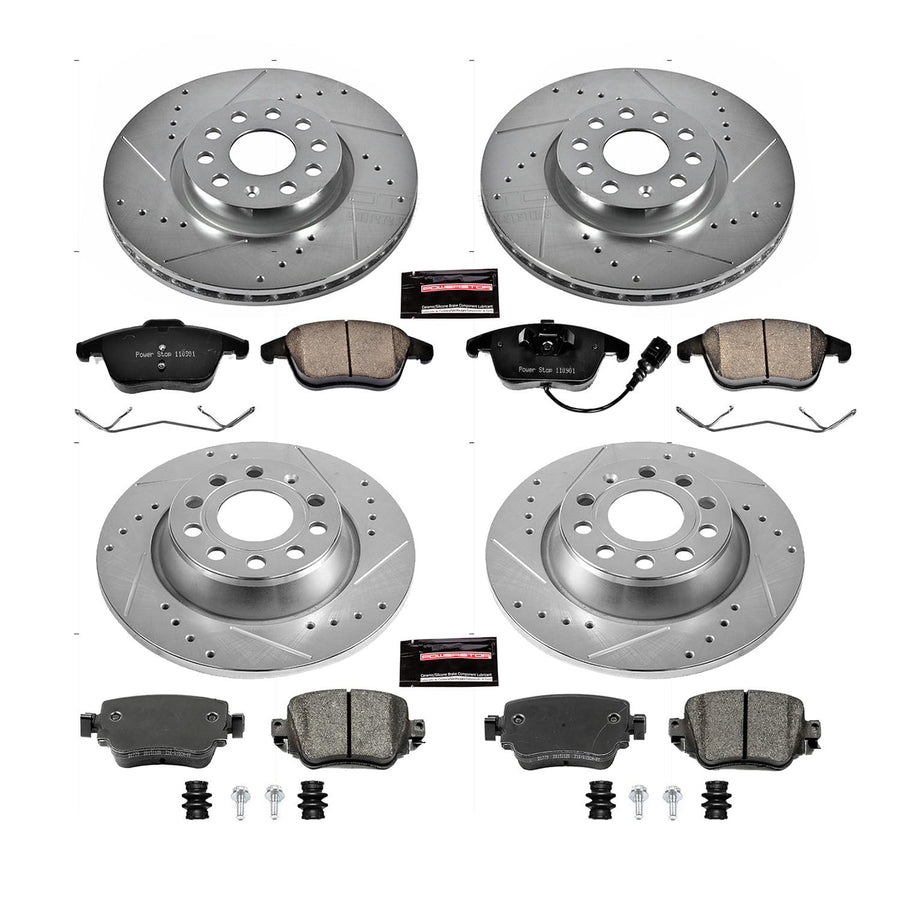 Power Stop K7537 Z23 Carbon Fiber Brake Pads Front and Rear with Drilled & Slotted Brake Rotors Kit For Audi Q3 2016-2018, Audi Q3 Quattro 2016-2018 [Model Specific]