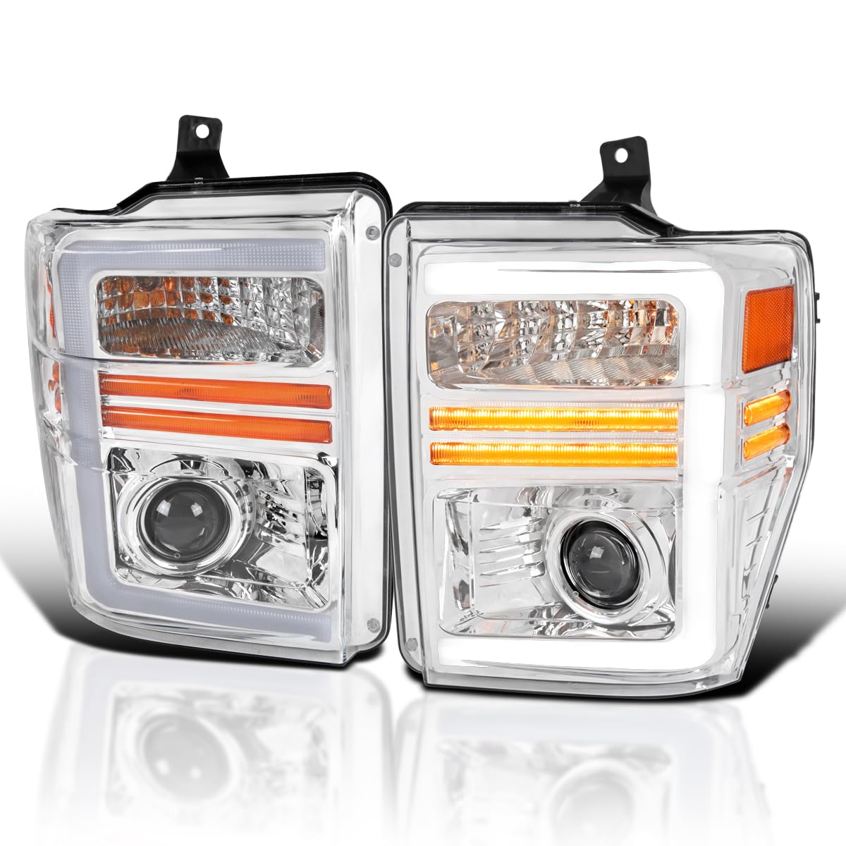 Chrome Projector Headlights SPEC-D TUNING with Sequential LED Turn Signal Light Strips Compatible with 2008-2010 Ford F-250, F-350, F-450, F-550 Super Duty, Left + Right Pair Headlamps Assembly