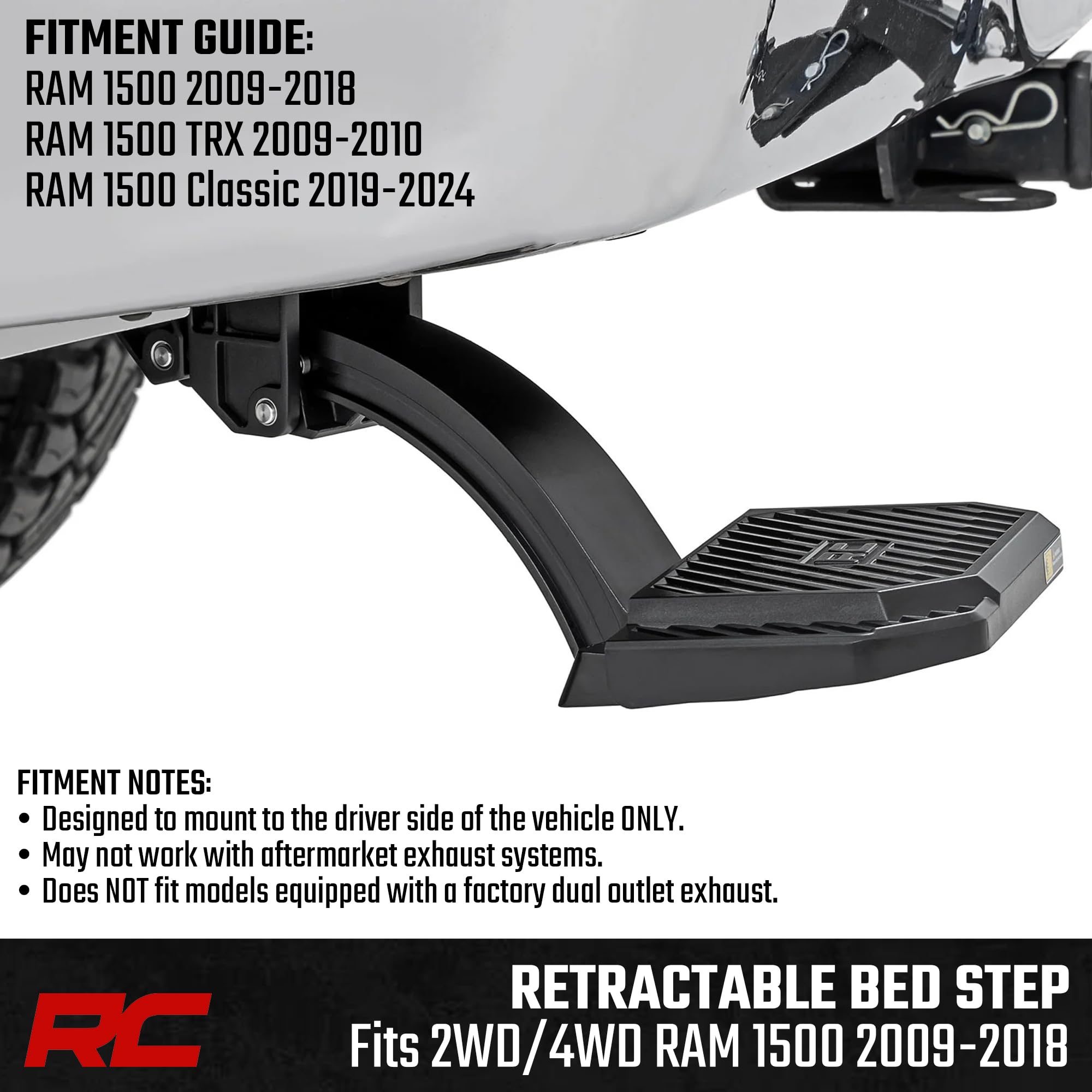 Rough Country Bed Step Retractable for Ram 1500 Truck (2009-2018) - Driver Side, Manual Pull Tailgate Step, Non-Slip Truck Step