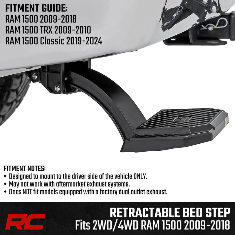 Rough Country Bed Step Retractable for Ram 1500 Truck (2009-2018) - Driver Side, Manual Pull Tailgate Step, Non-Slip Truck Step