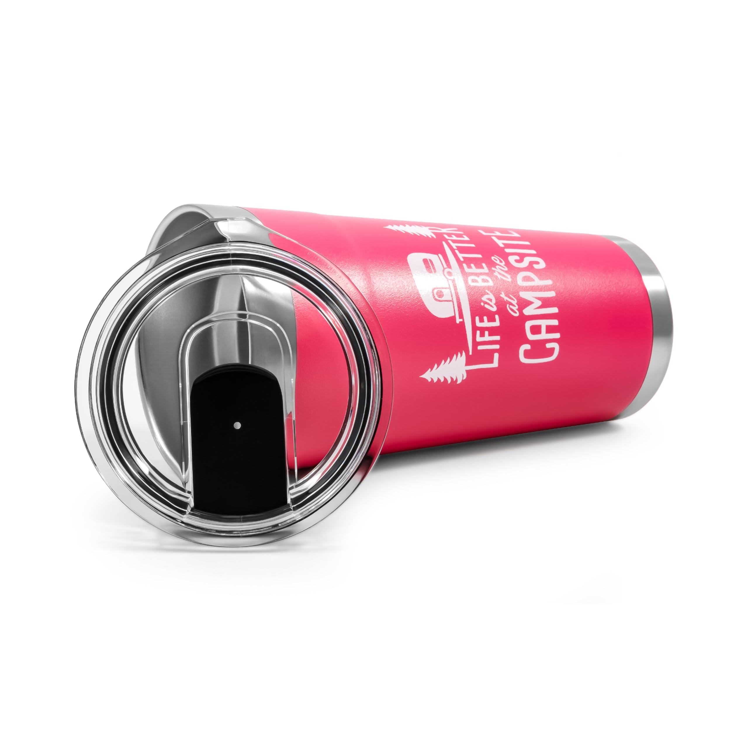 Camco Tumbler Life is Better at The Campsite | Heavy Duty Double Wall Vacuum Insulation | Crafted of 18/8 Stainless Steel | Unique “Life is Better at The Campsite” Design on Coral Pink | 20-oz (53061)