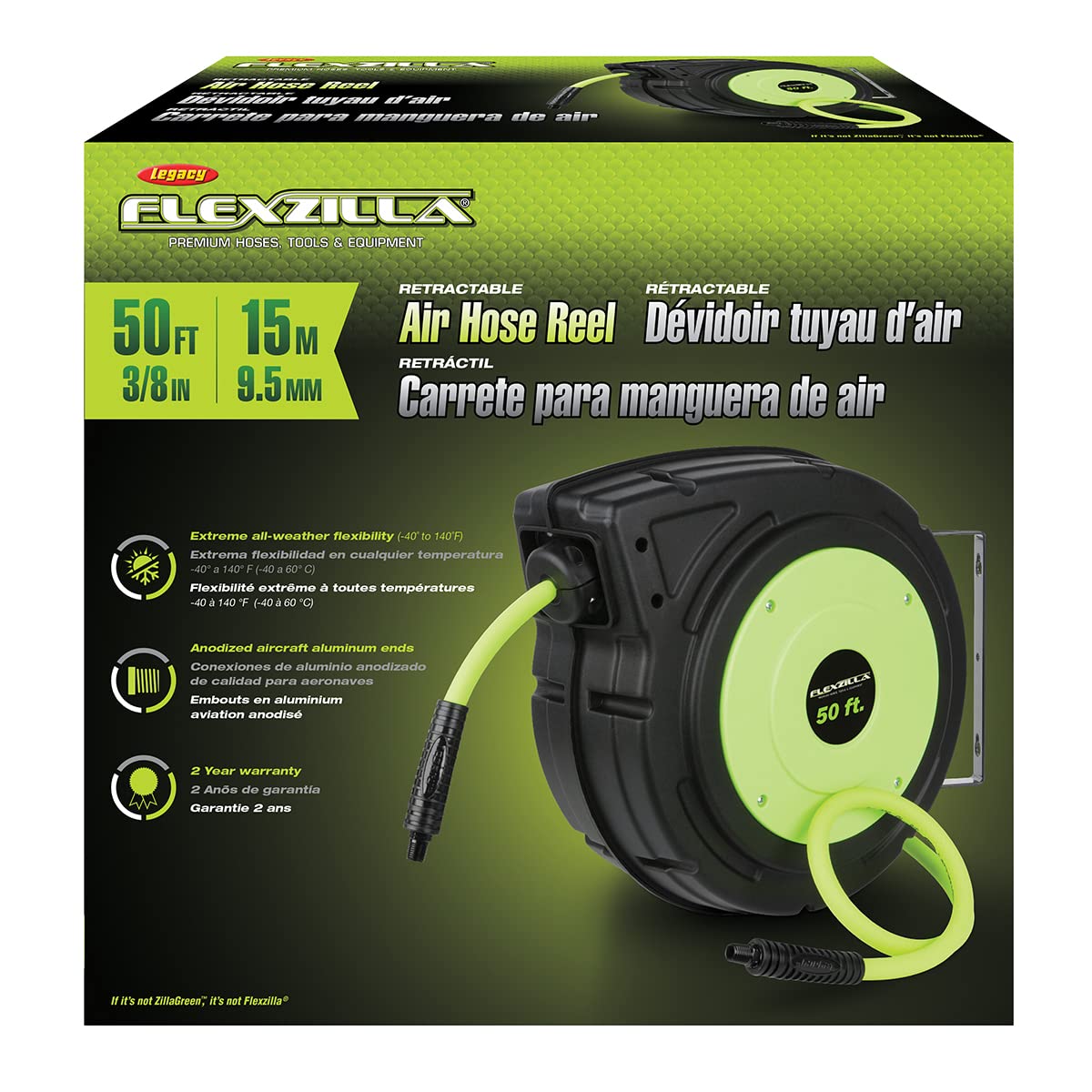 Flexzilla Enclosed Retractable Plastic Air Hose Reel, 3/8 in. x 50 ft., Heavy Duty, Lightweight, Hybrid, ZillaGreen - L8250FZ