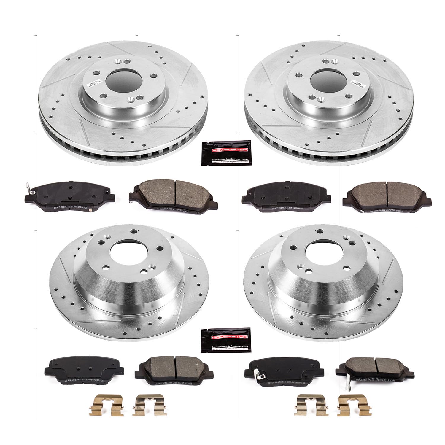 Power Stop K7514 Z23 Carbon Fiber Brake Pads Front and Rear with Drilled & Slotted Brake Rotors Kit For Hyundai Santa Fe 2017-2018 [Model Specific]