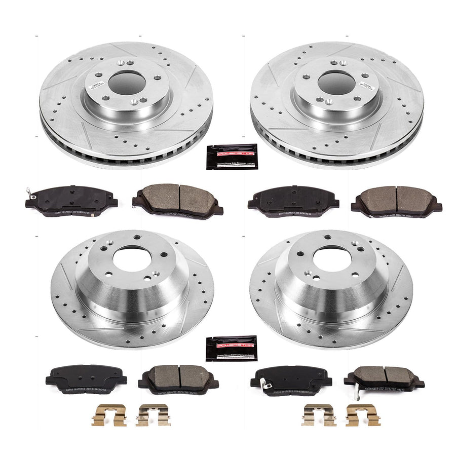 Power Stop K7514 Z23 Carbon Fiber Brake Pads Front and Rear with Drilled & Slotted Brake Rotors Kit For Hyundai Santa Fe 2017-2018 [Model Specific]