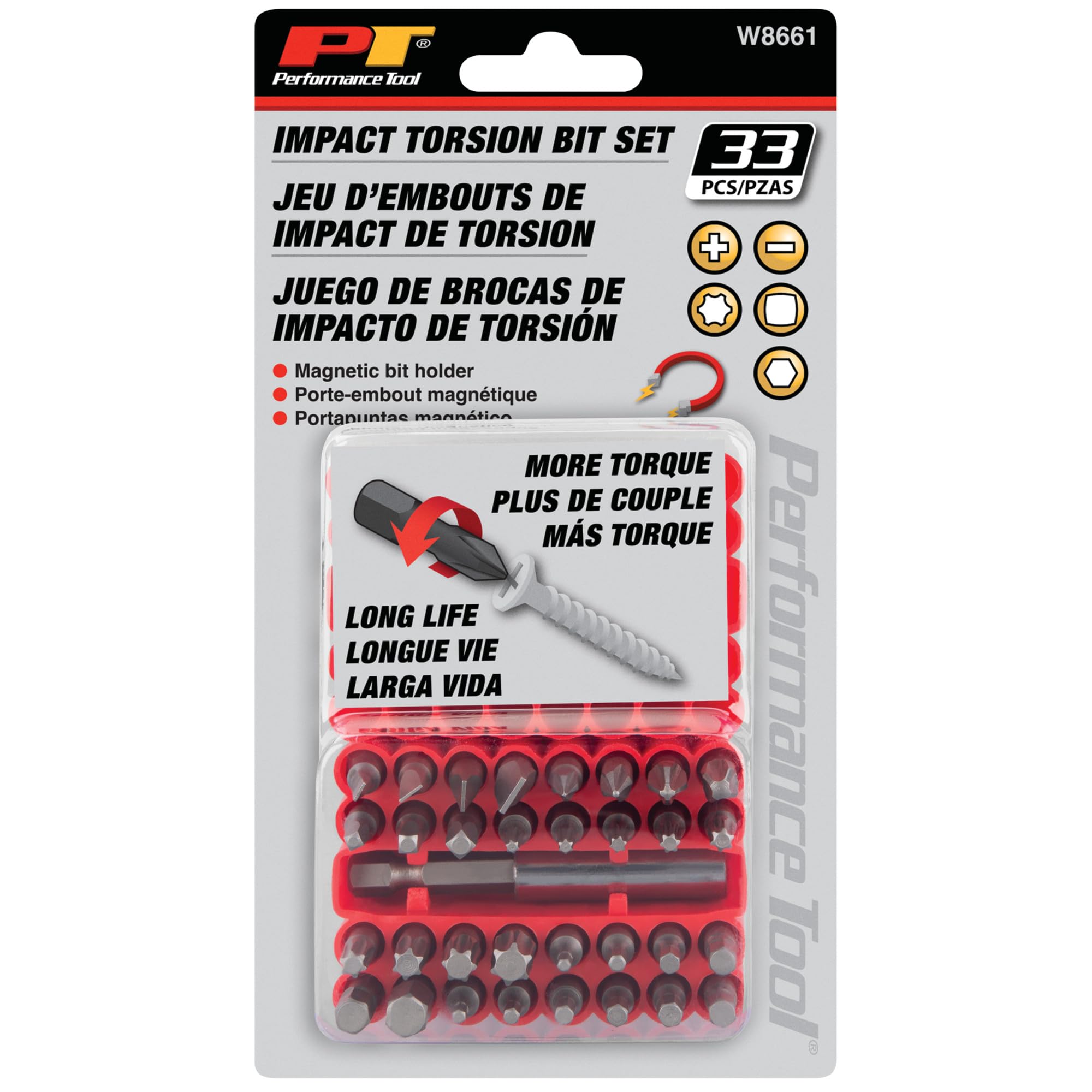 W8661 Performance Tool 33-Piece Impact Torsion Bit Set, S2 Steel, 1-Inch Phillips, Slotted, Star, Square, Metrix Hex, SAE Hex Bits, 2-1/2 Inch Magnetic Bit Holder, 2-Sided Rubber Case, Red