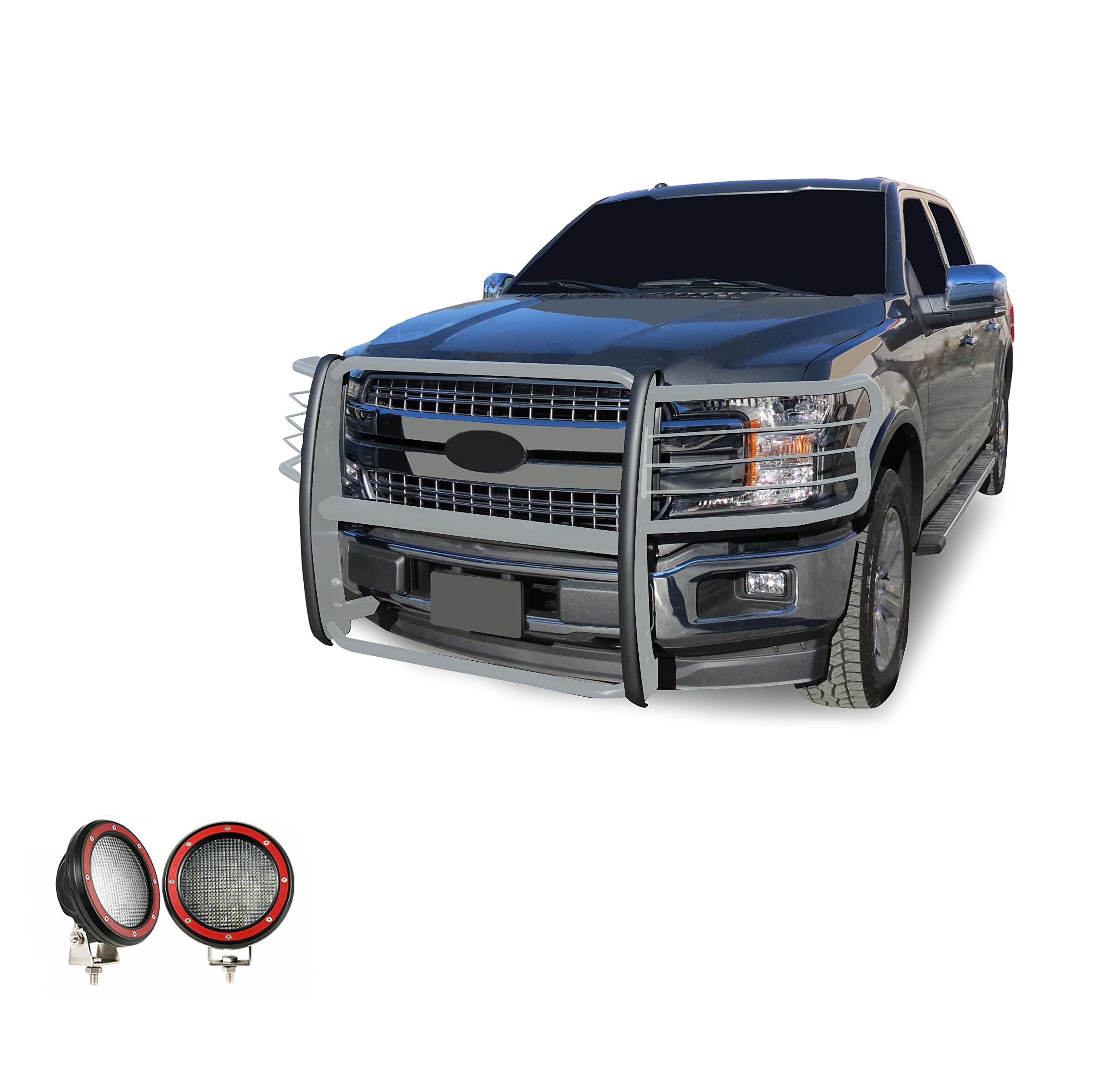 Bumper Guard Black Horse Grille Brush Modular Stainless Steel Come with Pair of 5.3" Dia.LED Lights with Red Trim Rings Compatible with 2015-2024 Ford F-150-17FP32MSS-PLFR