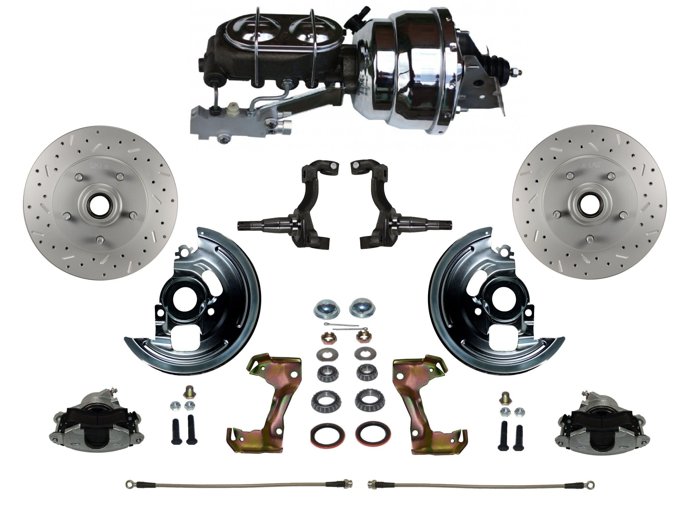 Power Front Disc Brake Conversion Kit LEED BRAKES Cross Drilled And Slotted Rotors With 8" Dual Chrome Booster Cast Iron Chrome Top M/C Disc/Drum Side Mount