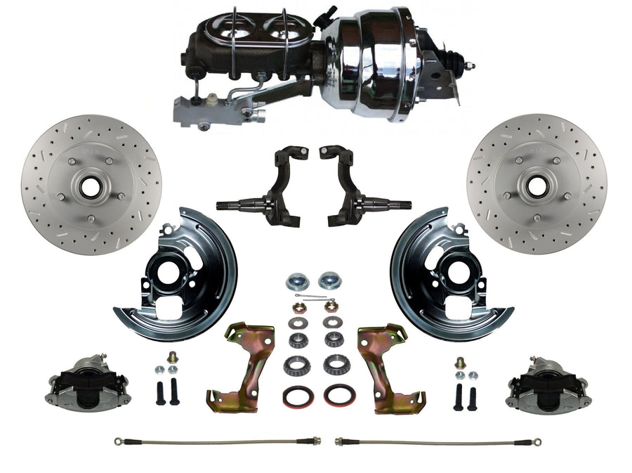 Power Front Disc Brake Conversion Kit LEED BRAKES Cross Drilled And Slotted Rotors With 8" Dual Chrome Booster Cast Iron Chrome Top M/C Disc/Drum Side Mount