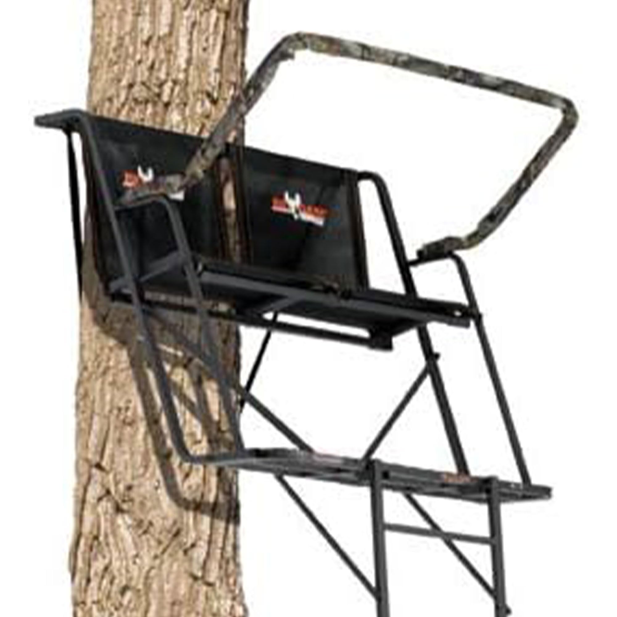 2-Person BIG GAME Ladder Tree Stand for Hunting Deer with Seat, 16' Tall, Camo/Black - Adjustable Climbing Treestand with Platform and Safety Harness for Shooting