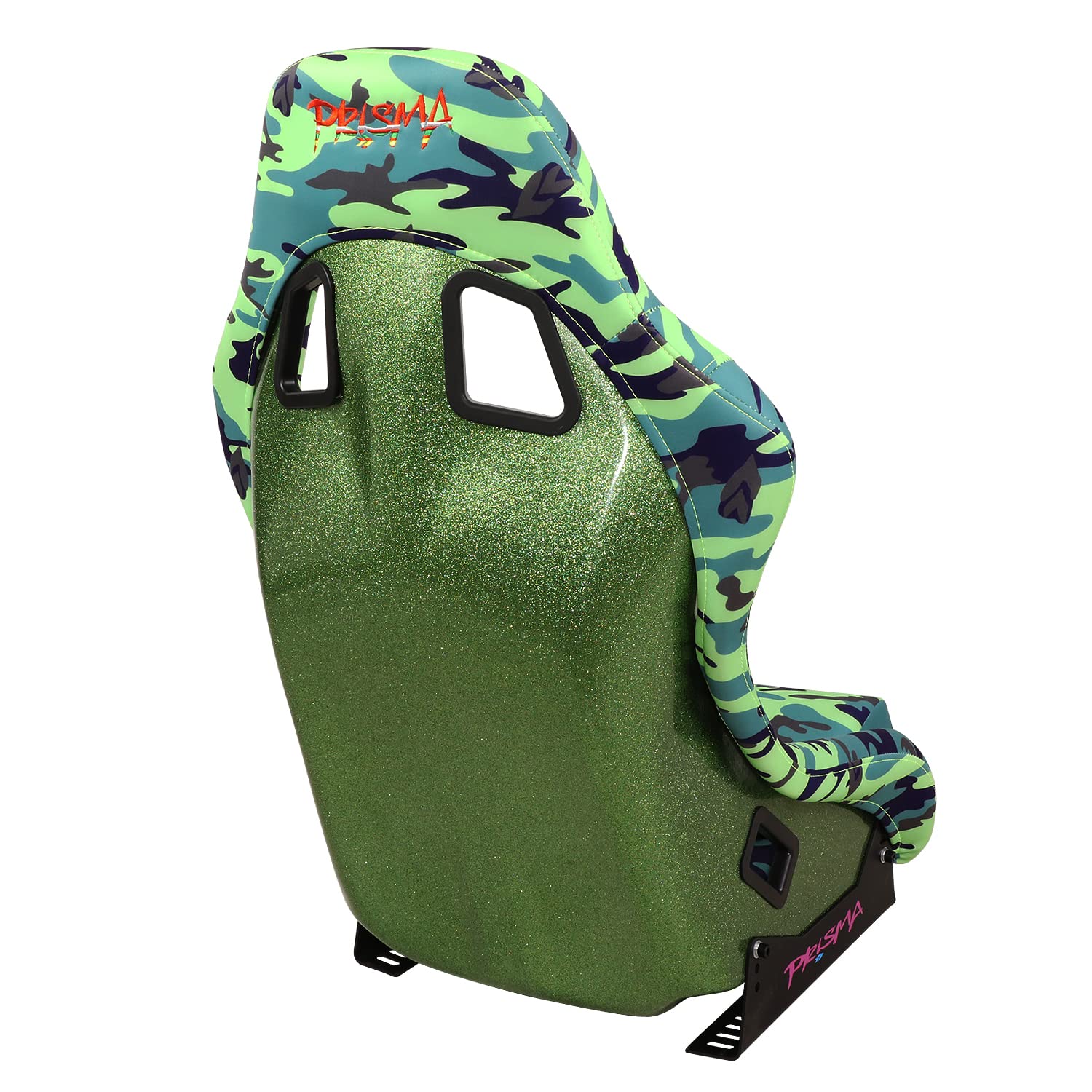 NRG Innovations Prisma FRP-303-GIJ Fixed Back Bucket Racing Seat with Bottom Mount Bracket, Green Camo/Green Glitter Back