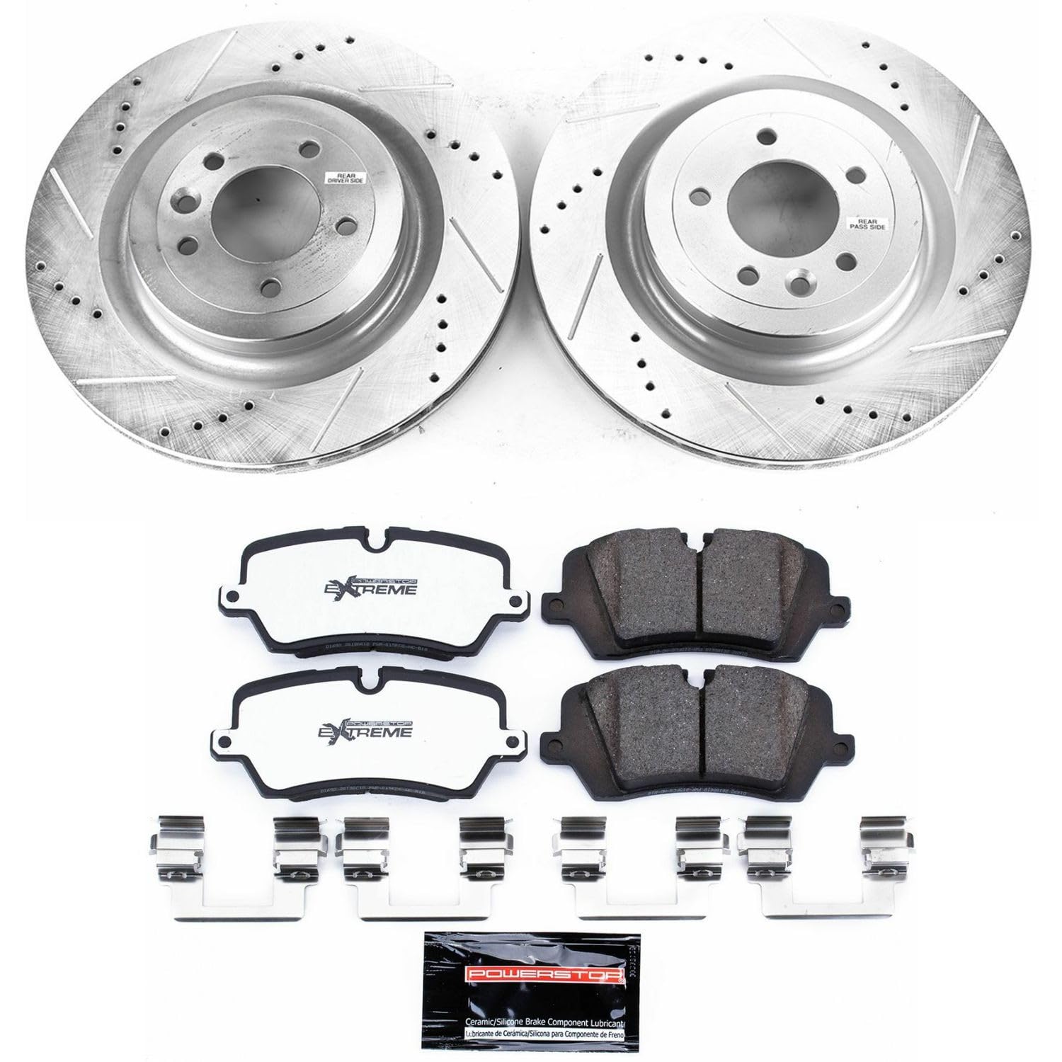 Rear Brake Kit Power Stop For 2013 2014 2015 2016 2017 2018 2019 2020 2021 2022 Land Rover Range Rover - Truck & Tow Carbon Fiber Ceramic Brake Pads & Drilled and Slotted Rotors Replacement, K7089-36