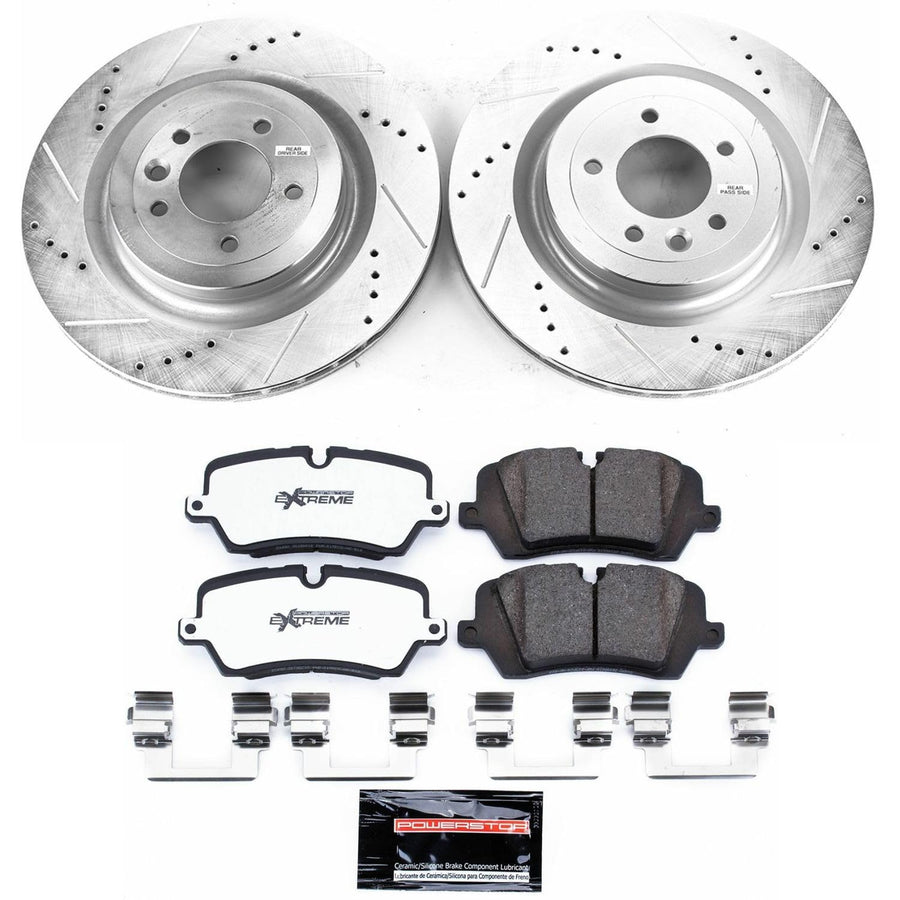 Rear Brake Kit Power Stop For 2013 2014 2015 2016 2017 2018 2019 2020 2021 2022 Land Rover Range Rover - Truck & Tow Carbon Fiber Ceramic Brake Pads & Drilled and Slotted Rotors Replacement, K7089-36