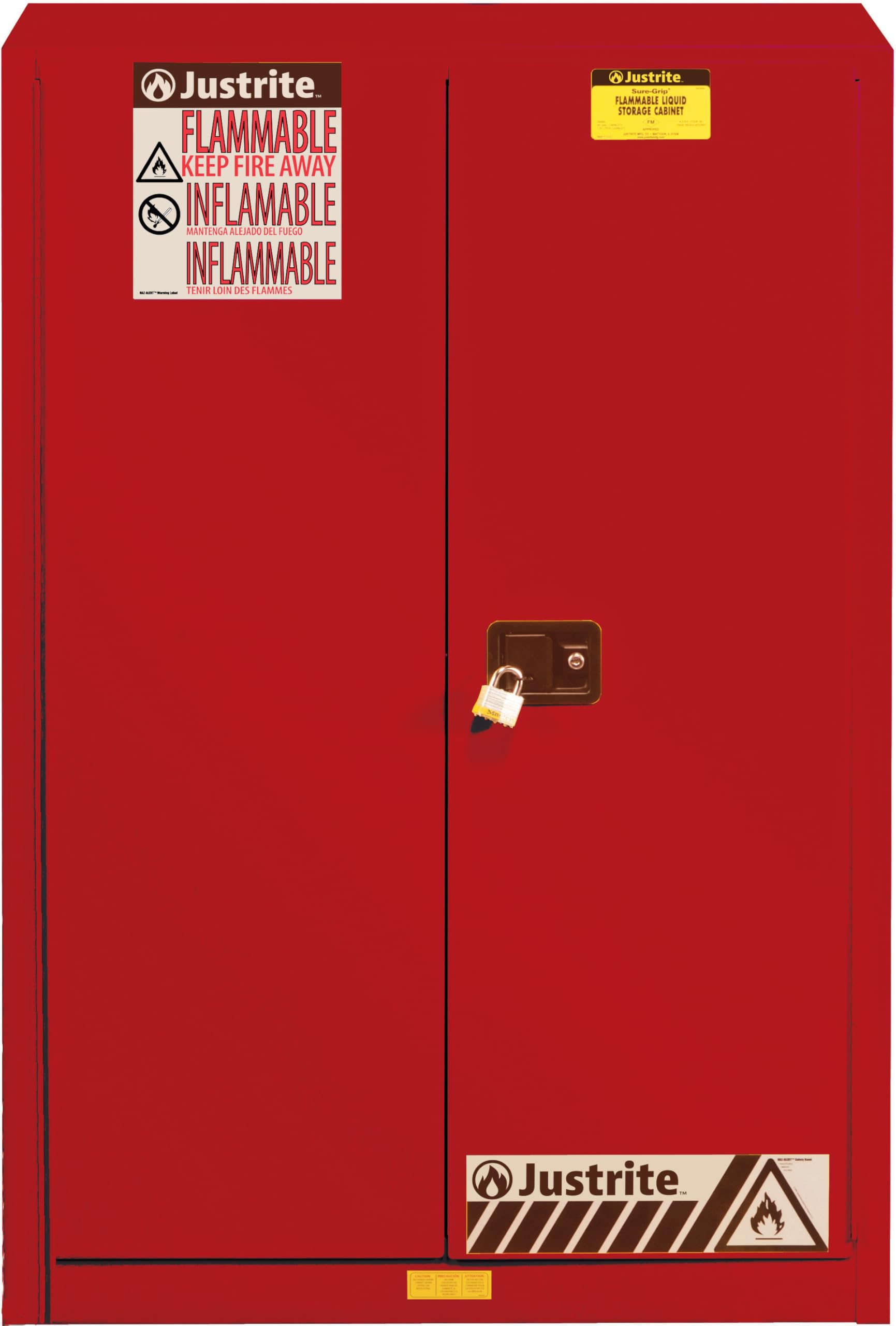 Justrite 45 Gallon Flammable Storage Cabinet Manual Close, 18 Gauge Steel, 2 Shelves, 2 Door Fire Cabinet, 65" x 43" x 18", Made in The USA, Red, 894501