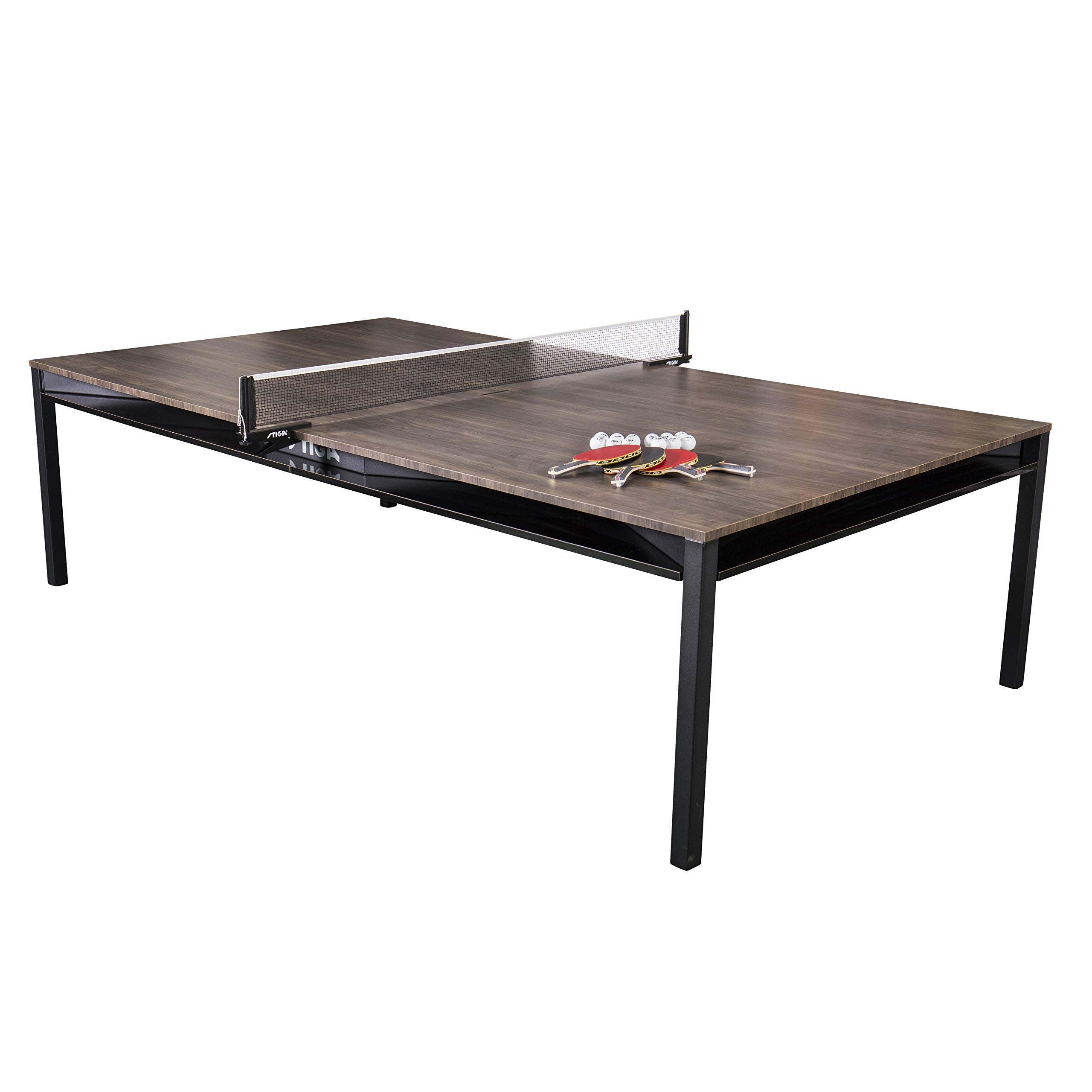 STIGA 3-in-1 Hybrid Dining, Conference and Tennis Table Tennis Table – Black Base with Walnut Finished Top