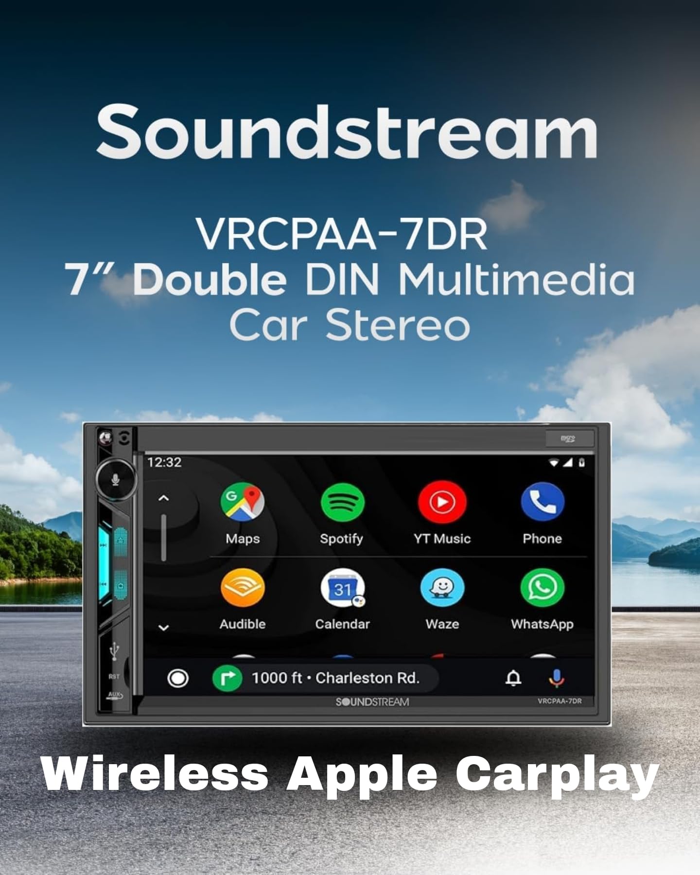 Soundstream 7" VRCPAA-7DR Double DIN Touchscreen Car Stereo, Wireless Apple CarPlay & Android Auto, Bluetooth Hands-Free, USB/AUX, Backup Camera Input, Steering Wheel Control, FM/AM, In-Dash Head Unit