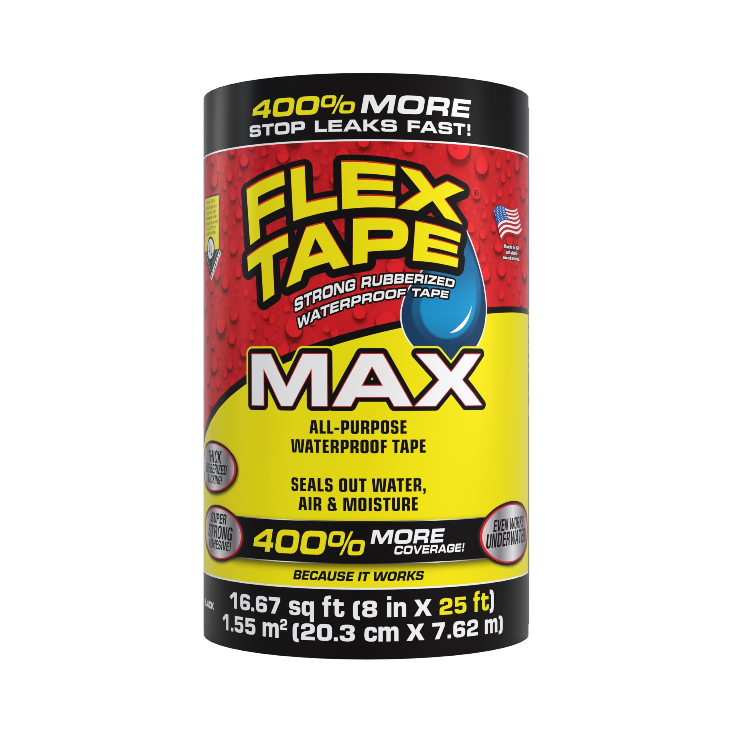 MAX Flex Tape, Original Thick Flexible Rubberized Waterproof Tape - Seal and Patch Leaks, Works Underwater, Indoor Outdoor - Home RV Roof and Pool Repairs, Black, 8 in x 25 ft, Pack of 1