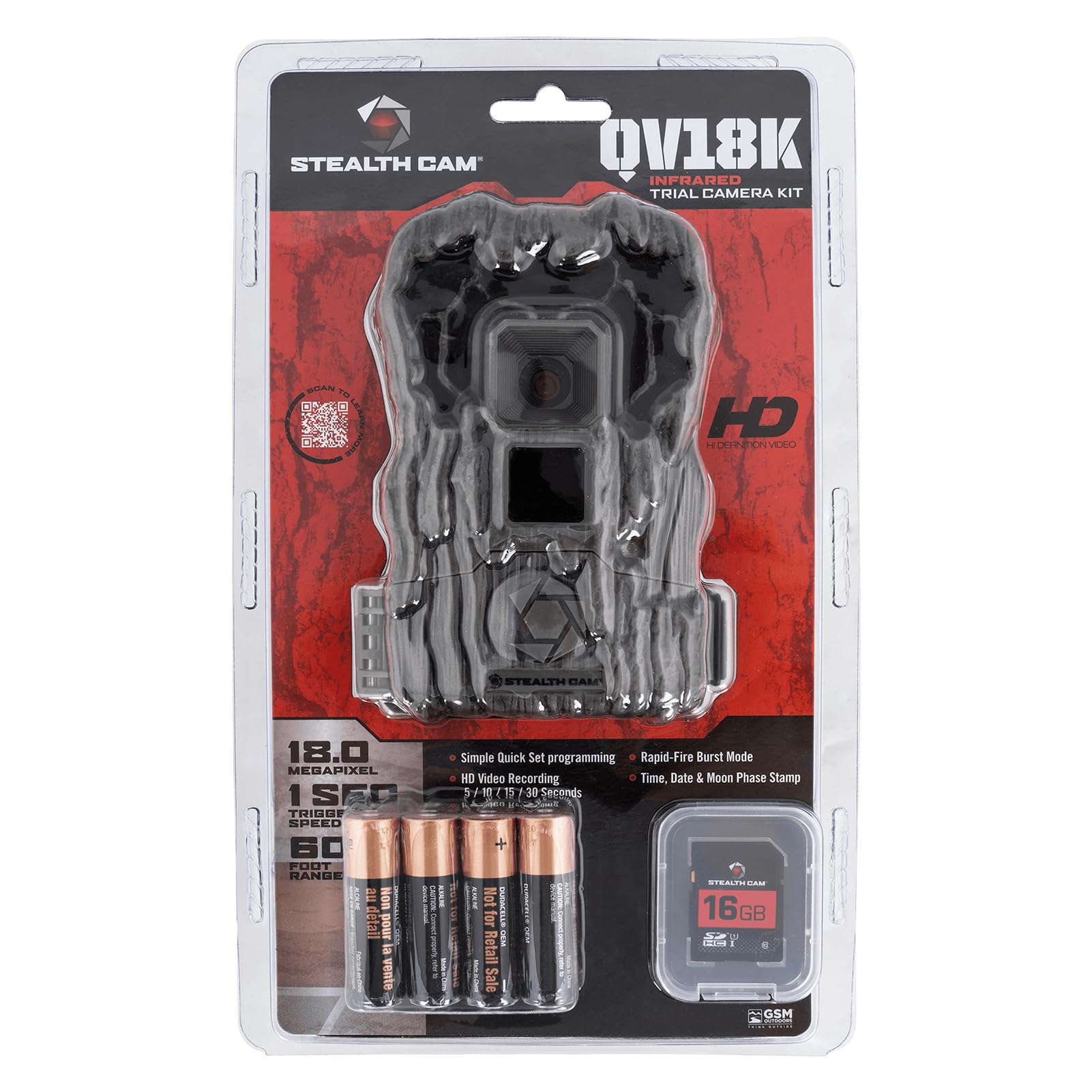 Combo Pack Stealth Cam QV18K - 18MP Photo & 720P Video at 30FPS 0.8 Sec Trigger Speed Wireless Hunting Trail Camera, 8 AA Batteries & 16GB SD Card Included