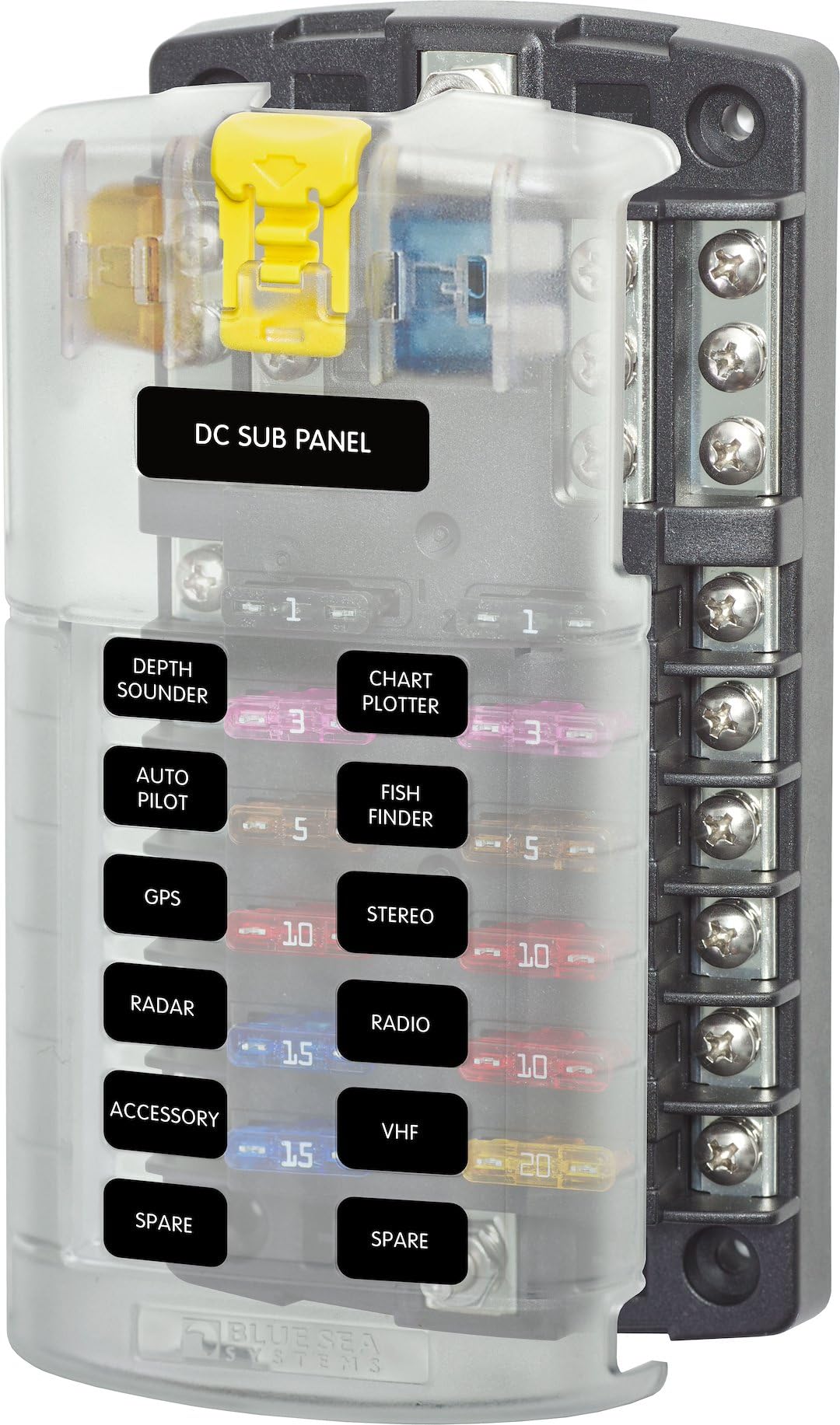 Blade Fuse Block Blue Sea Systems 5026 12 Circuit with Ground and Cover, 100 Amps