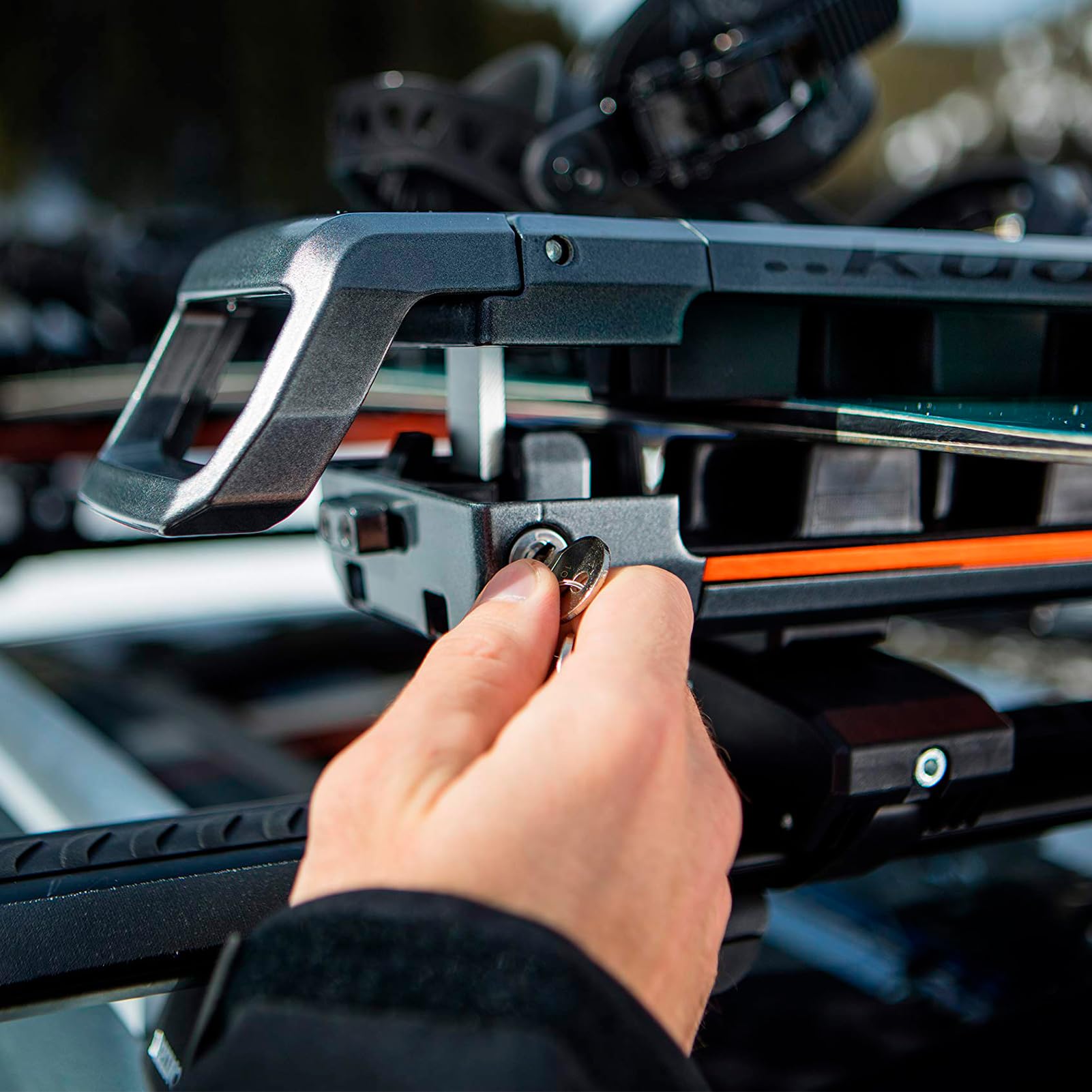 Grip 6 KUAT Durable Universal Car SUV Rooftop Crossbars Mounted Winter Sports Gear Hauling Transportation Slide-Out Locking Clamshell Rack, Fits 6 Skis/4 Snowboards - Gray Metallic with Orange Anodize